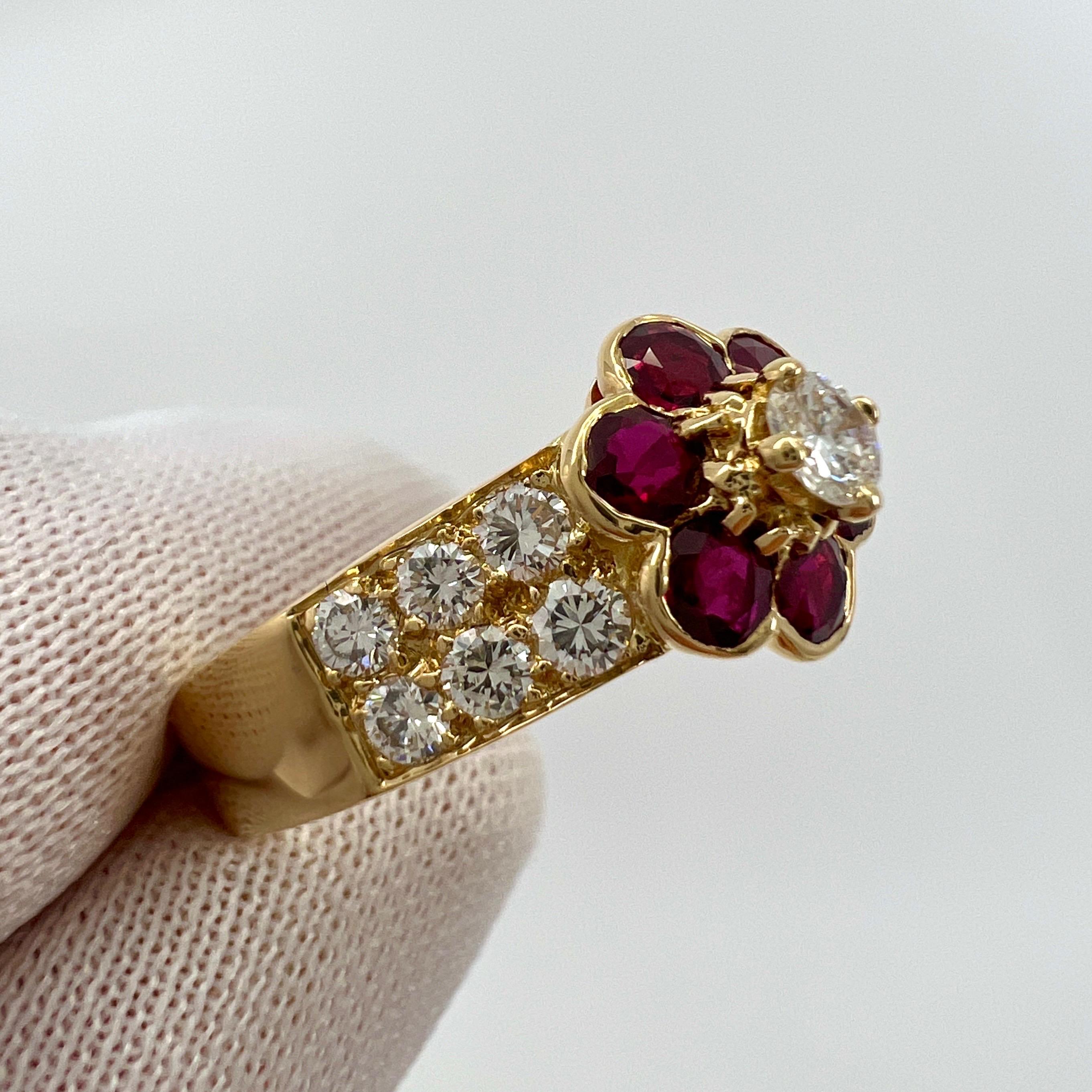 Round Cut Rare Vintage Van Cleef & Arpels Vivid Red Ruby & Diamond Fleurette Flower Ring For Sale