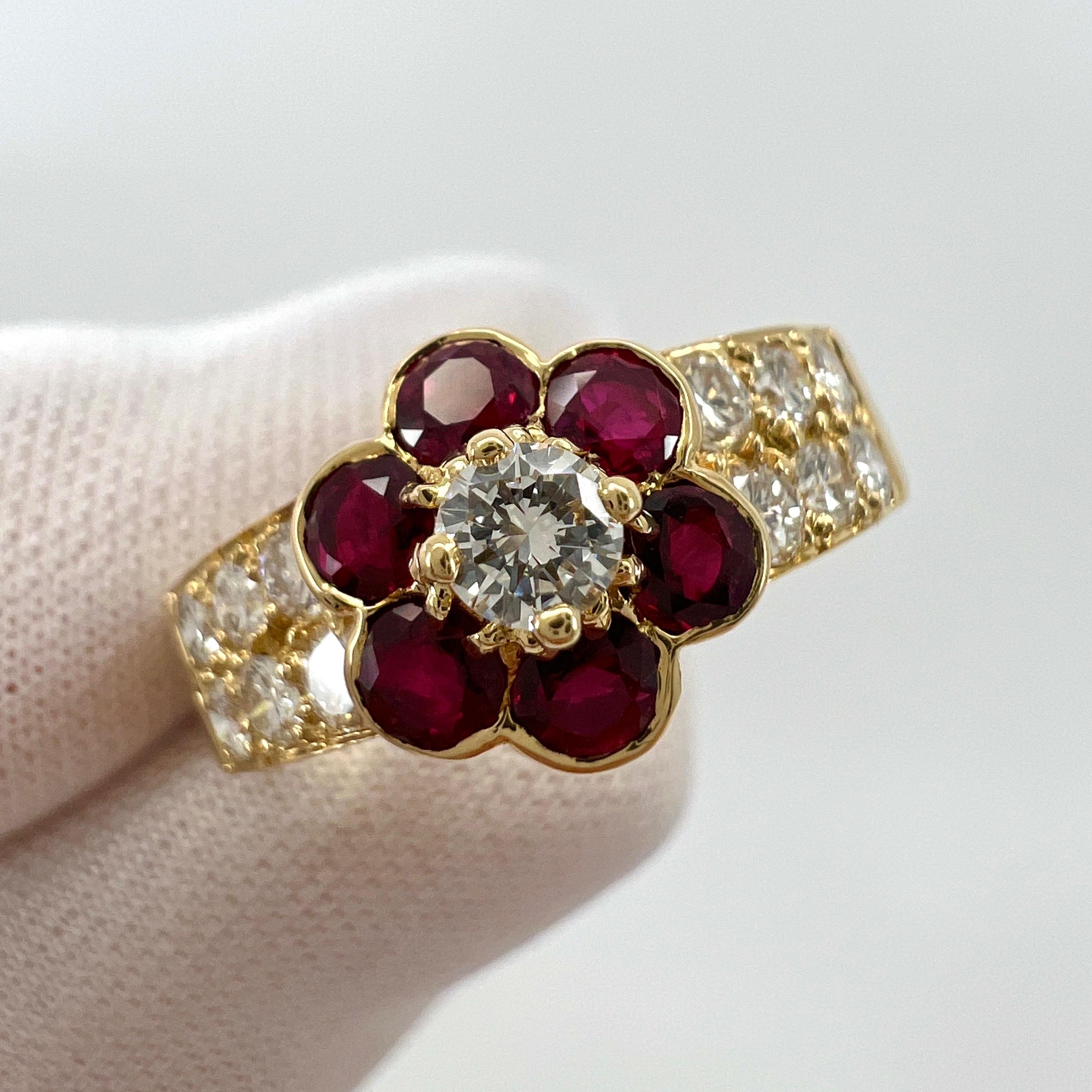 Rare Vintage Van Cleef & Arpels Vivid Red Ruby & Diamond Fleurette Flower Ring In Excellent Condition For Sale In Birmingham, GB