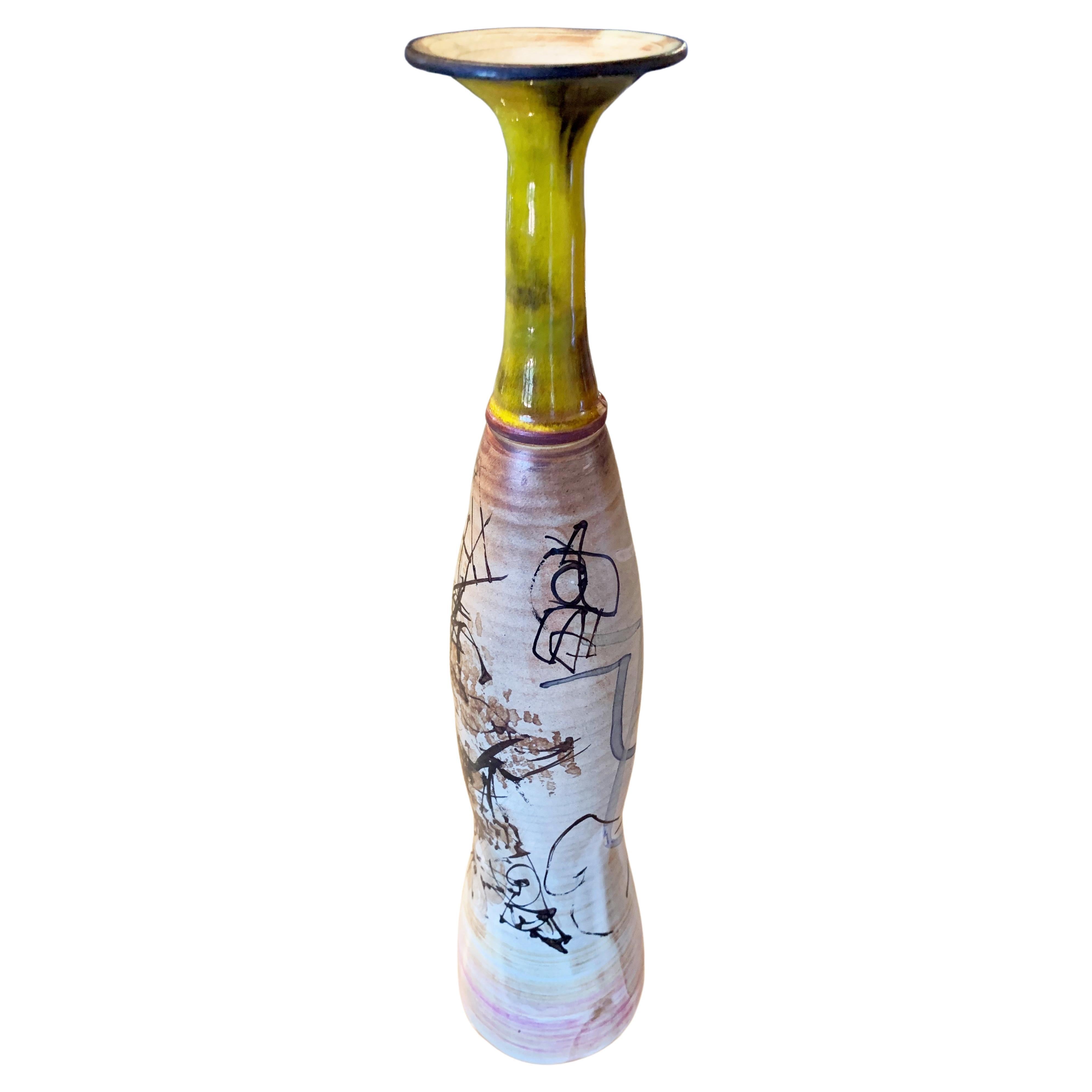 Rare, vintage bottle-neck vase by Gilbert Portanier, 1967.
Gilbert Portanier is a “ceramist painter” and he has contributed to the ongoing revival of French ceramics from the time he moved to Vallauris in 1948 until today. He is 96 and still makes