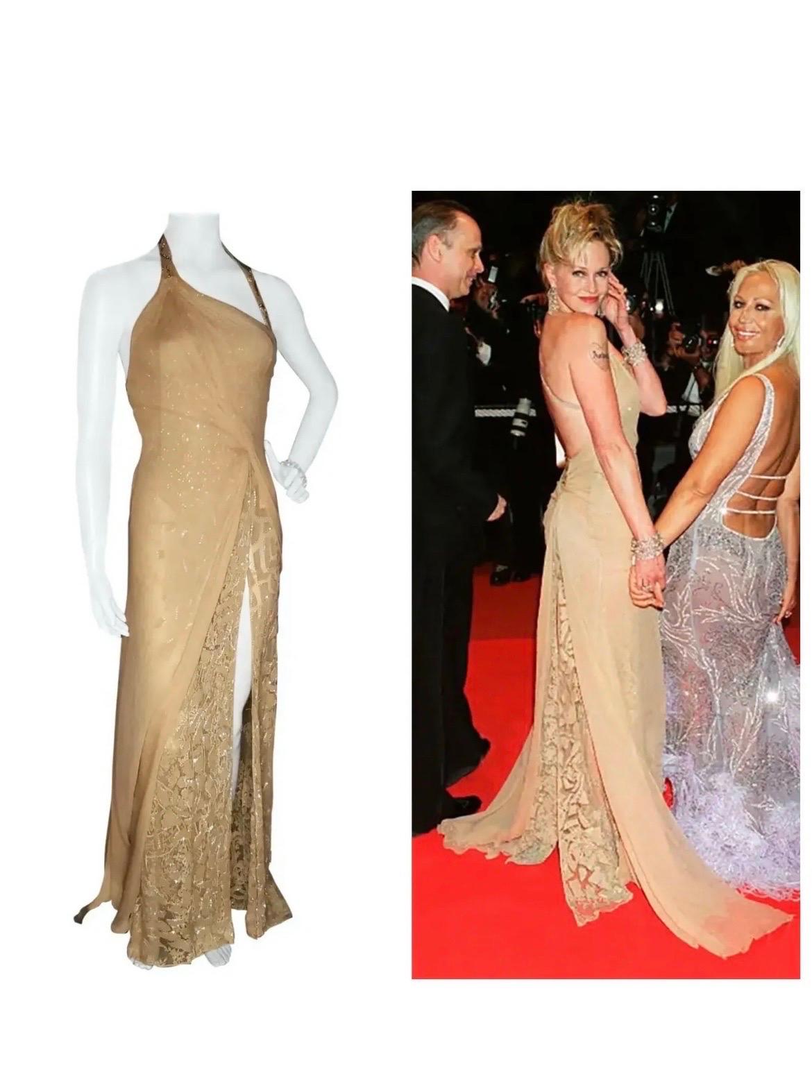 Vintage Versace Atelier Embellished Gown
Custom made for Melanie Griffith
Top layer is 100% chiffon silk
Second layer is lace with crystal embellished suede leather applique
Approximately size US 4
Excellent condition