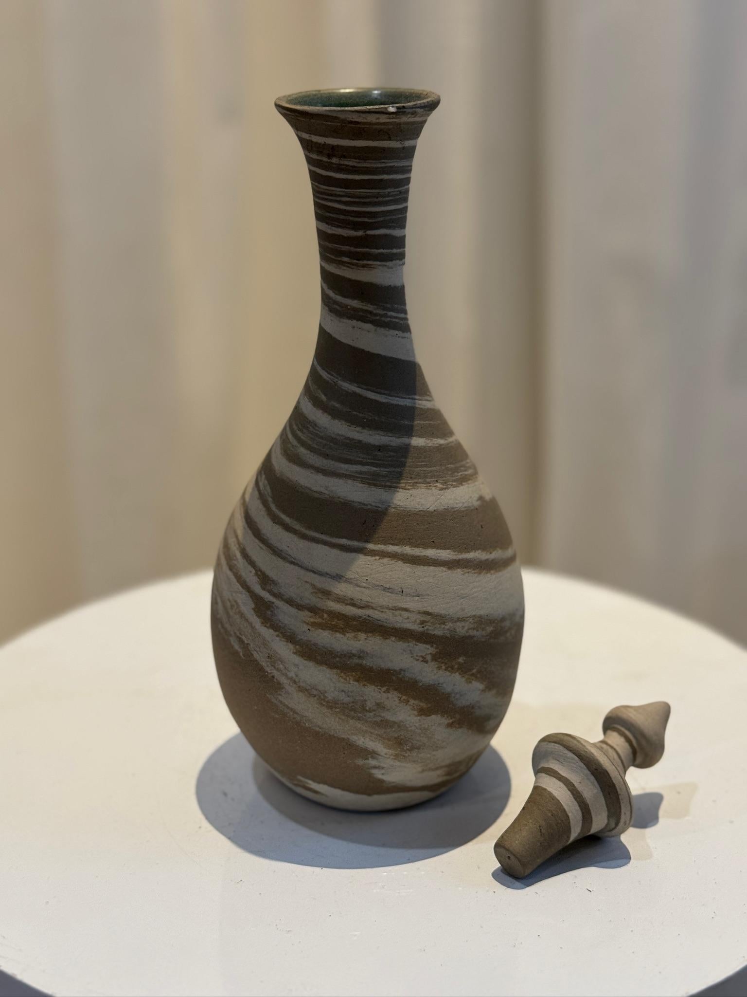 Glazed Rare Vintage W.J. Gordy Handmade Swirled Ceramic Decanter with Signed Base & Lid For Sale