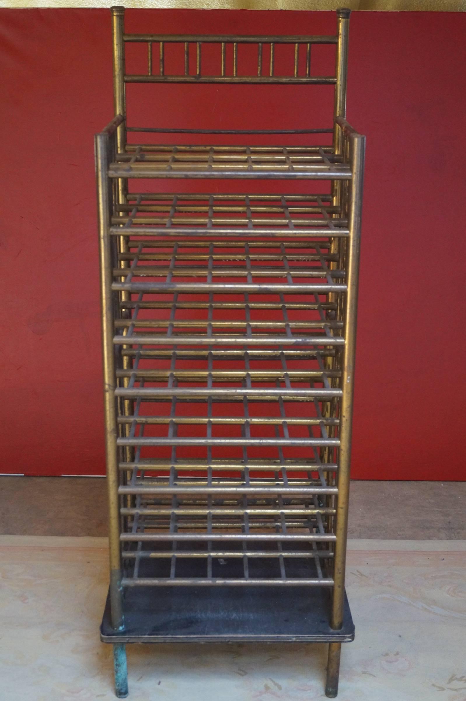French Rare Vintage Wooden and Brass Wine Rack, France, 1970s For Sale