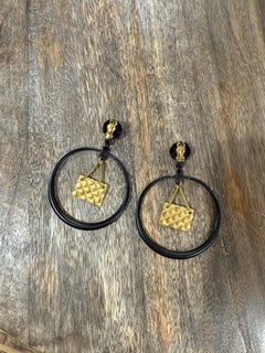 Rare Vintage XL black enamel logo & purse charm hoop earrings from 1994