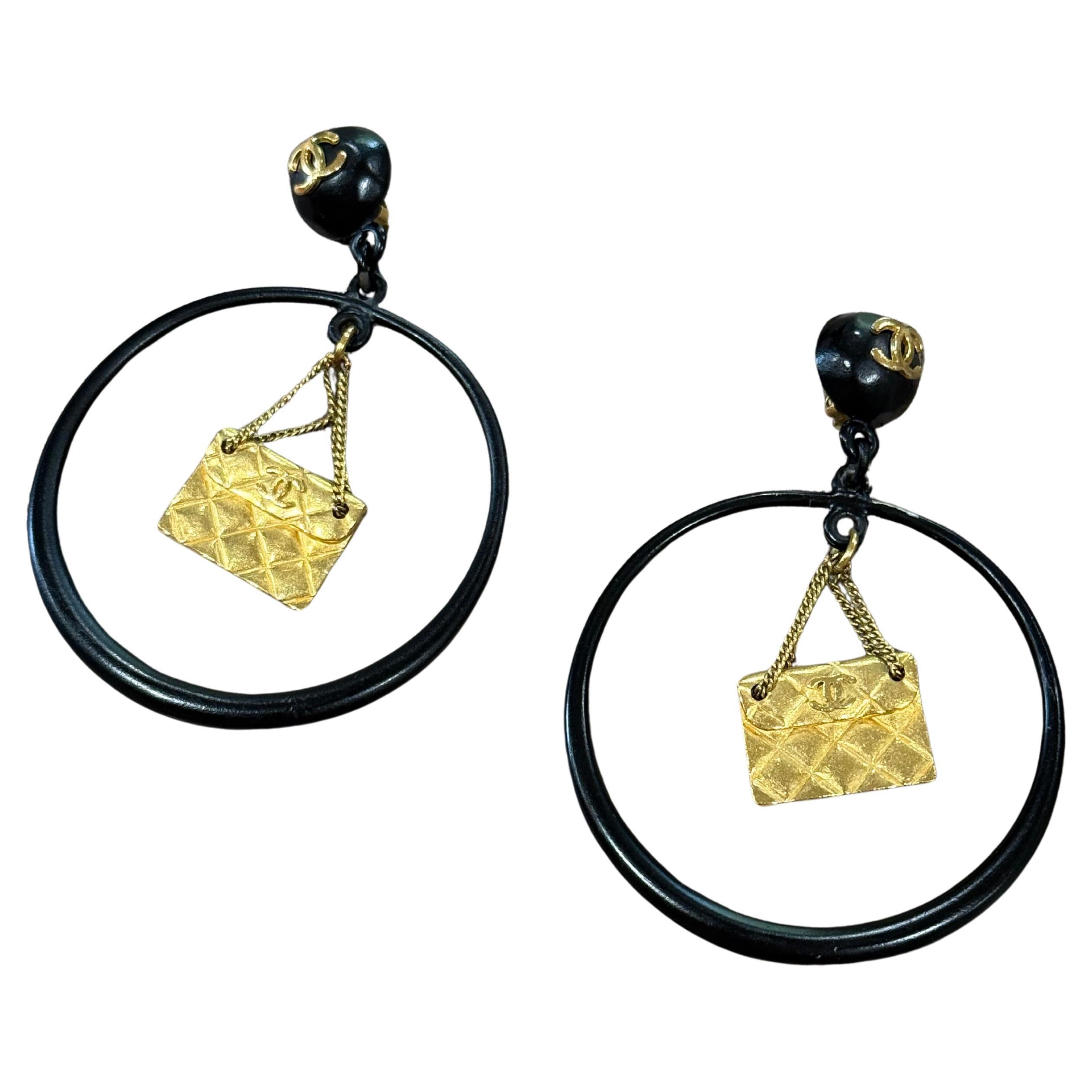 Rare Vintage XL black enamel logo 
purse charm hoop earrings from 1994 For Sale
