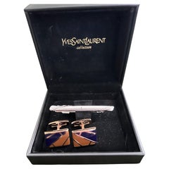 Rare Vintage Yves Saint Laurent YSL Logo Cufflinks, Tie Clip Bar Original Case