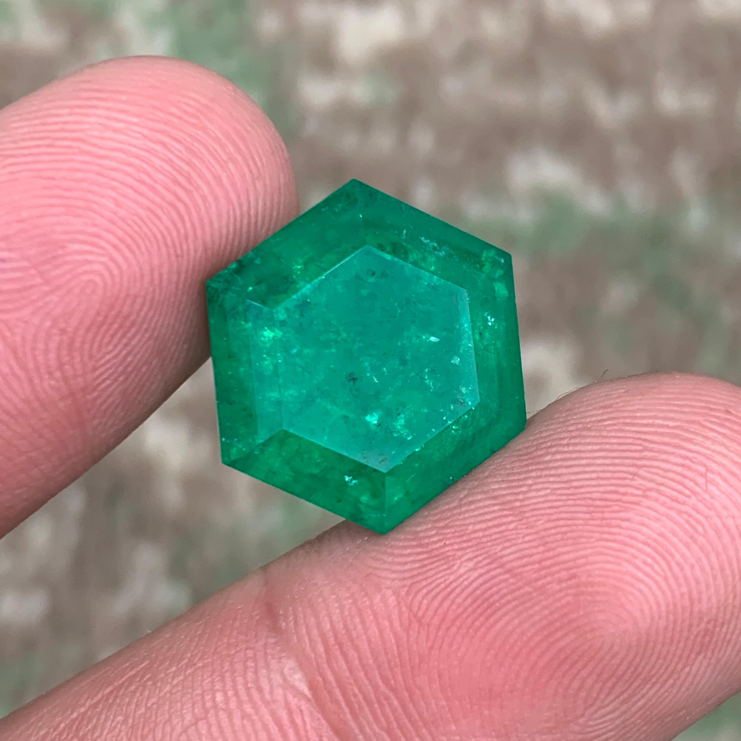 Rare Vivid Bluish Green Natural Panjshir Emerald Gemstone, 16.80 Ct Hexagon Cut For Sale 8
