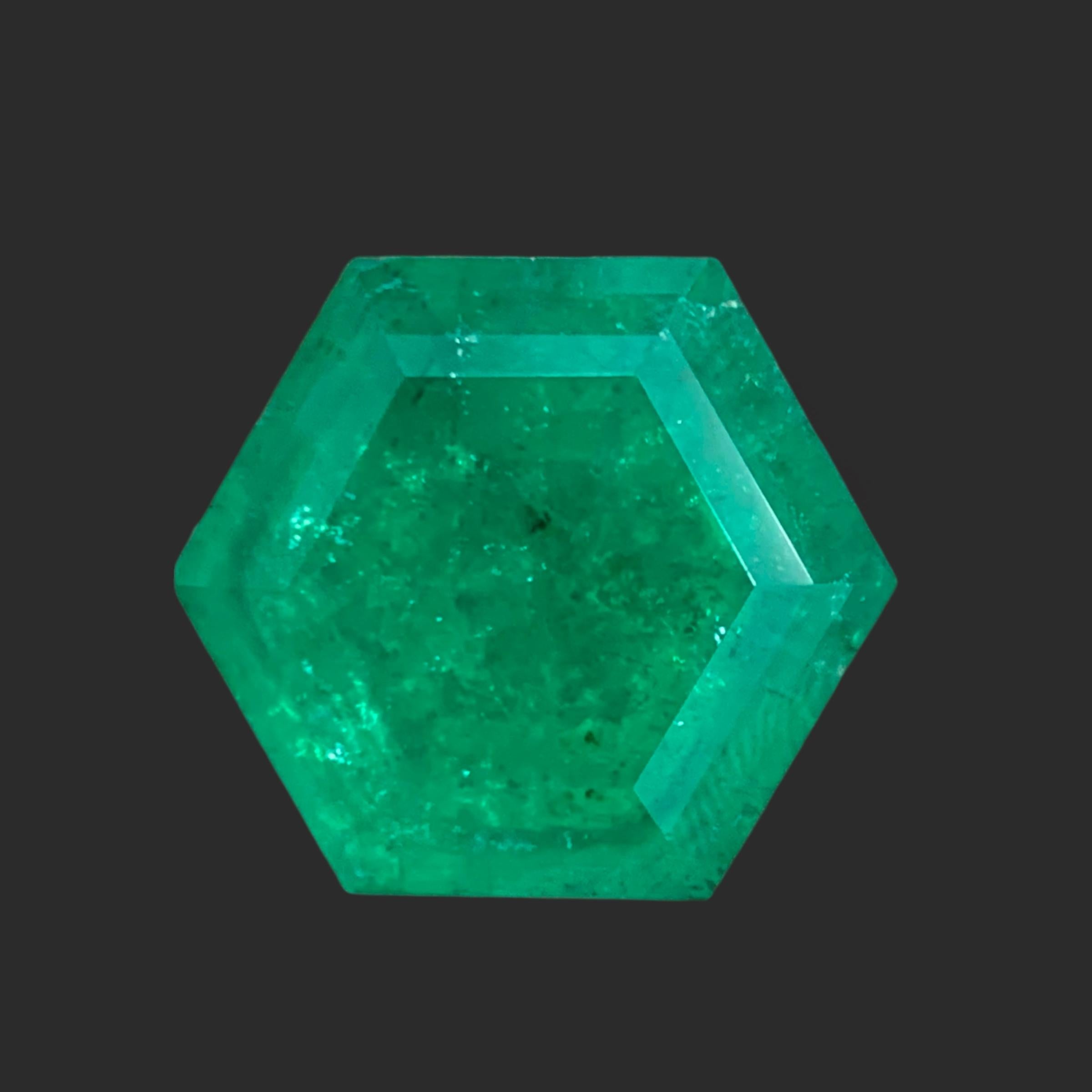 GEMSTONE TYPE: Emerald
PIECE(S): 1
WEIGHT: 16.80 Carats
SHAPE: Hexagon Step Cut
SIZE (MM):  16.20 x 16.02 x 10.03
COLOR: Vivid Bluish Green
CLARITY: SI Semi Transparent 
TREATMENT: Oiled Only
ORIGIN: Panjshir Valley, Afghanistan
CERTIFICATE: GGI
Lab