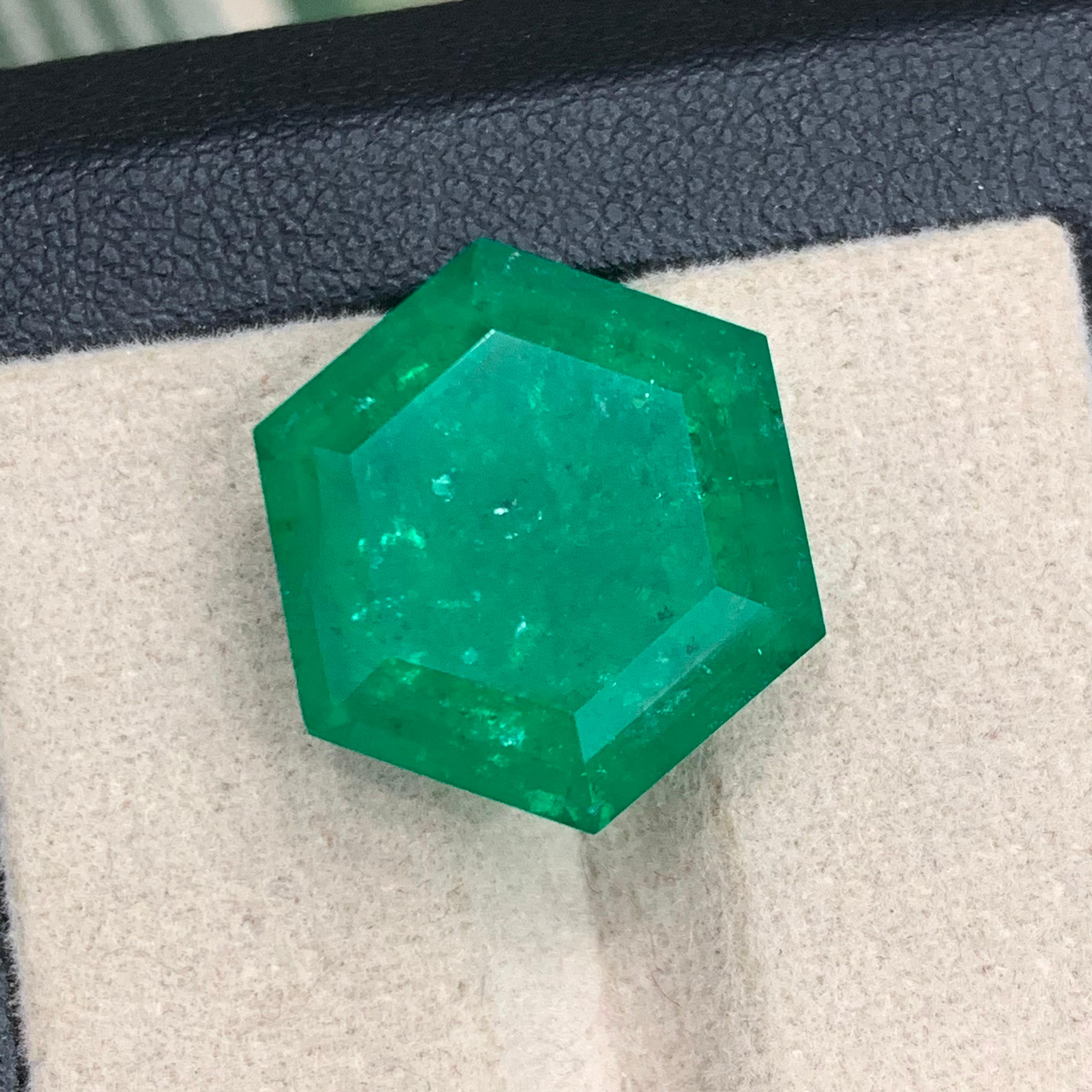 Contemporary Rare Vivid Bluish Green Natural Panjshir Emerald Gemstone, 16.80 Ct Hexagon Cut For Sale