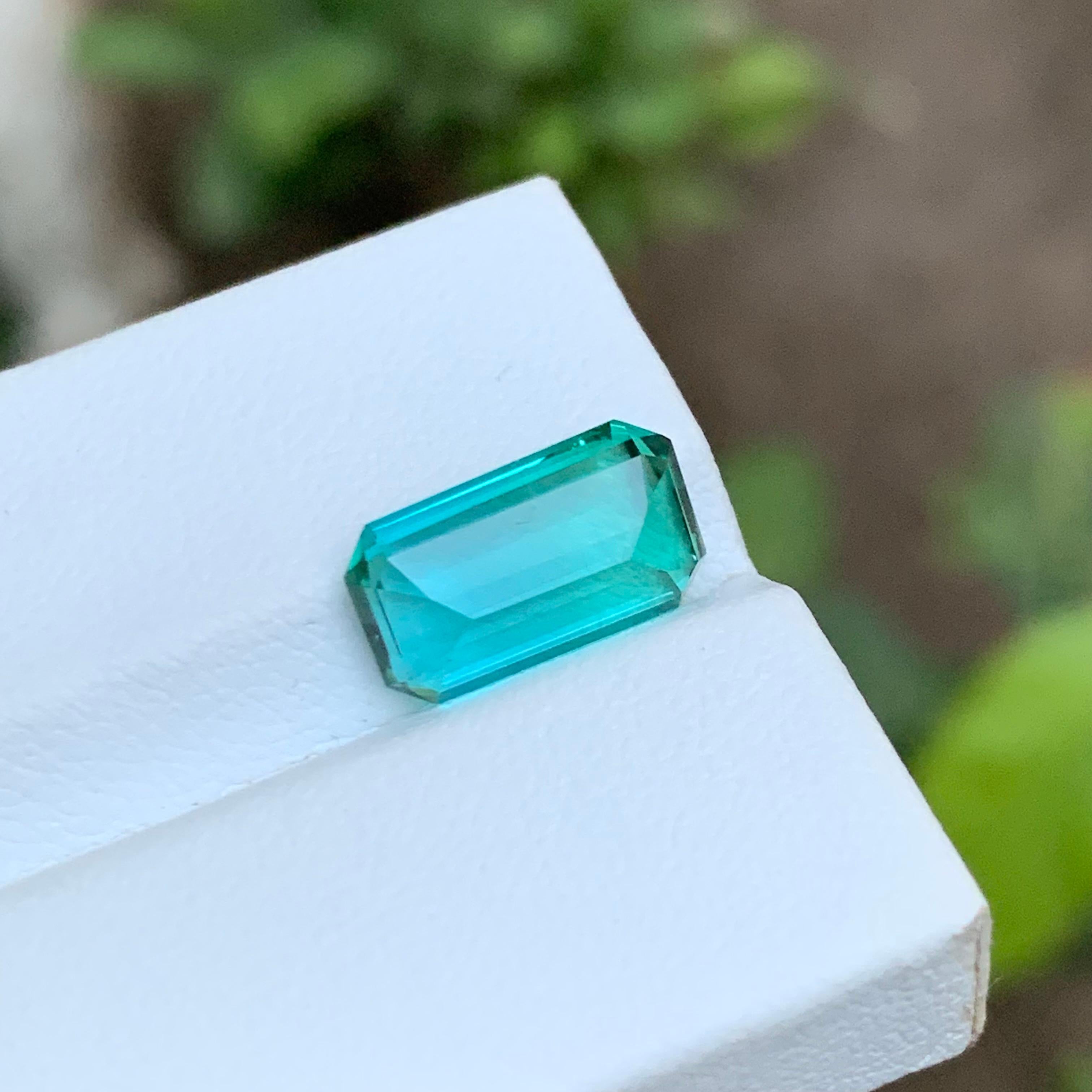 Contemporary Vivid Lagoon Neon Bluish Green Tourmaline Gemstone 3.75 Ct Emerald Cut for Ring