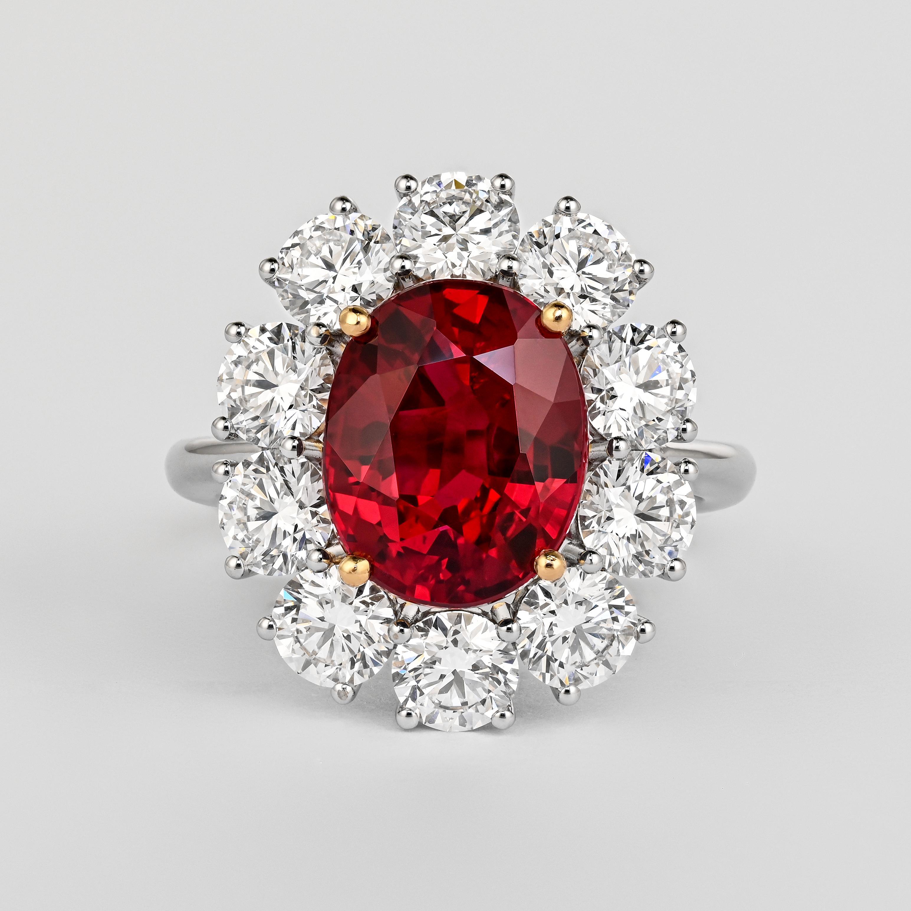 5.81 Carat Oval Cut Vivid Red Thai Siam Ruby & Diamond Halo 18K Ring For Sale 4
