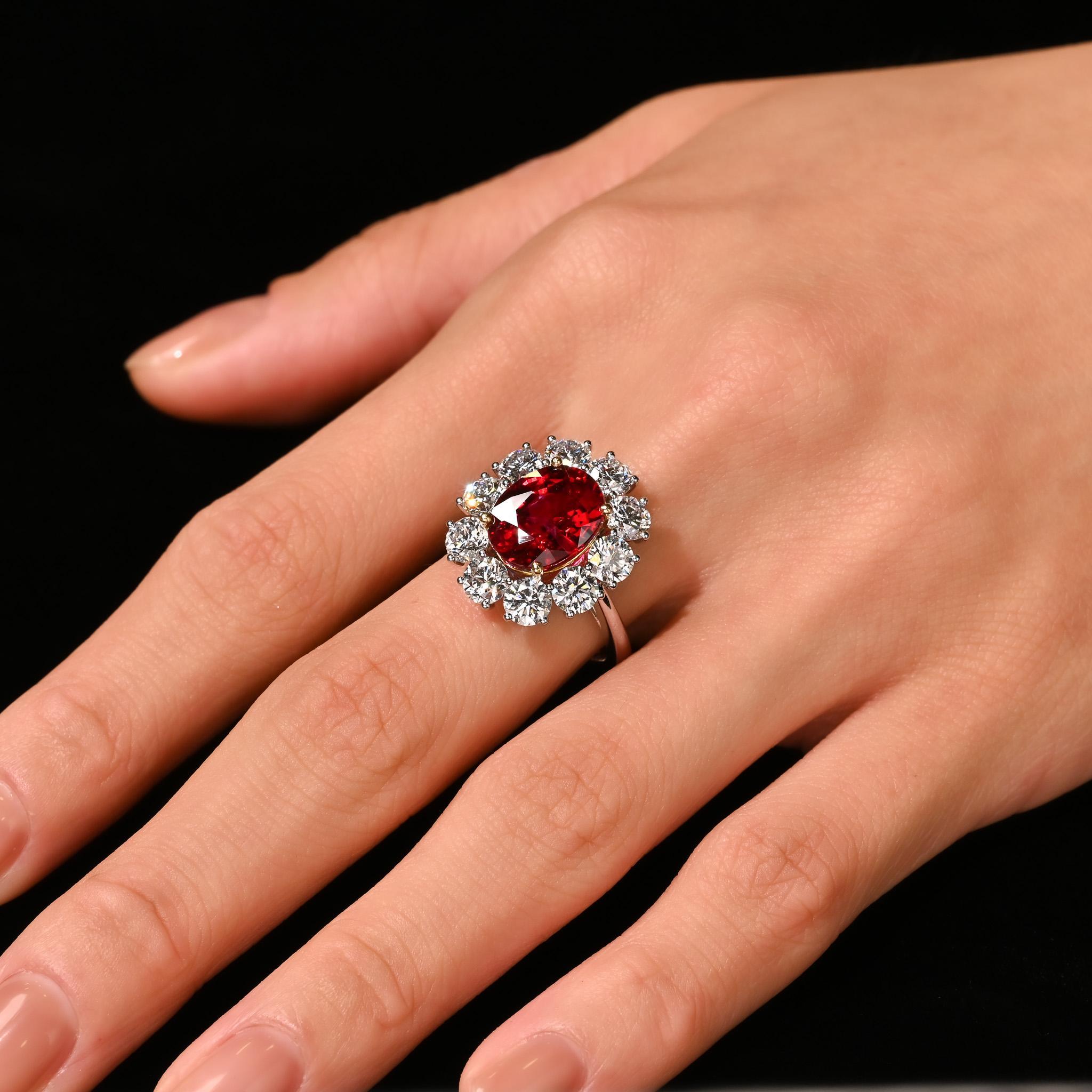 5.81 Carat Oval Cut Vivid Red Thai Siam Ruby & Diamond Halo 18K Ring In Good Condition For Sale In Miami, FL