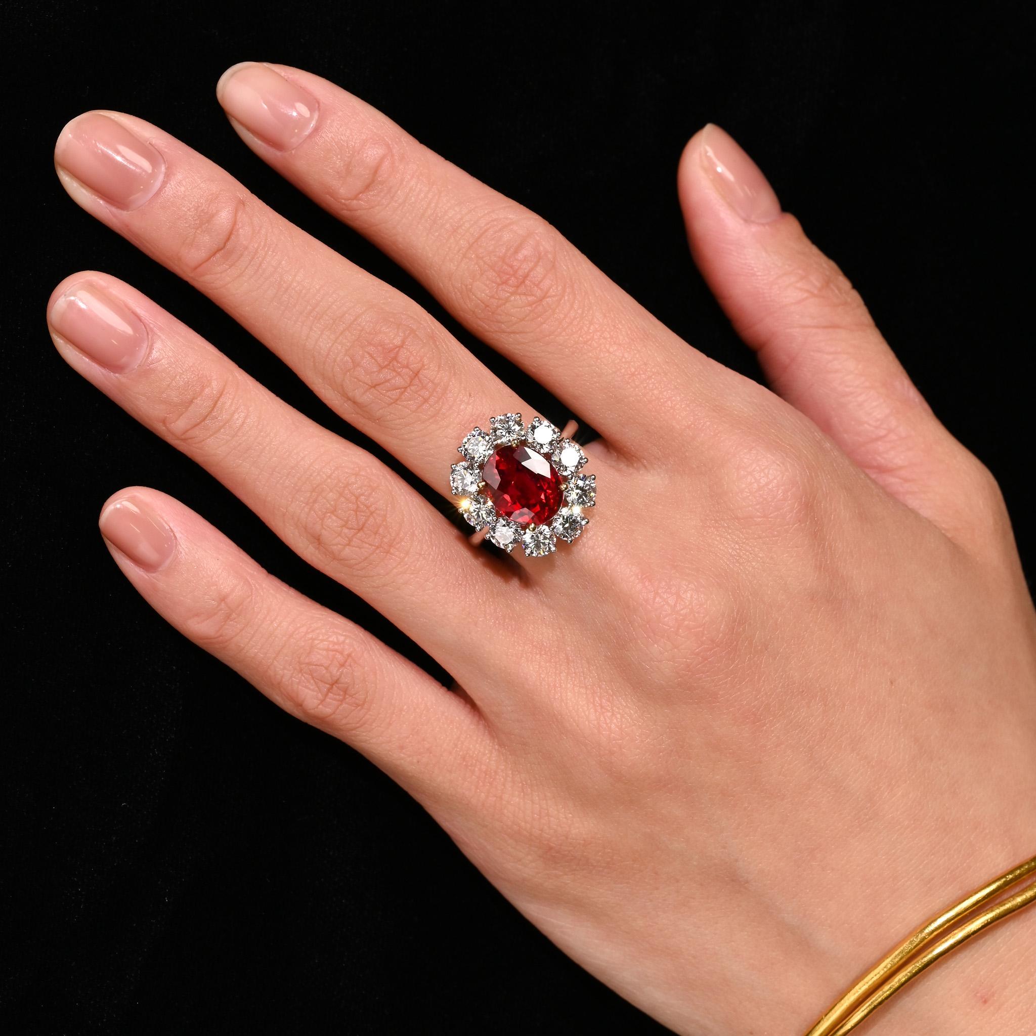 Women's 5.81 Carat Oval Cut Vivid Red Thai Siam Ruby & Diamond Halo 18K Ring For Sale