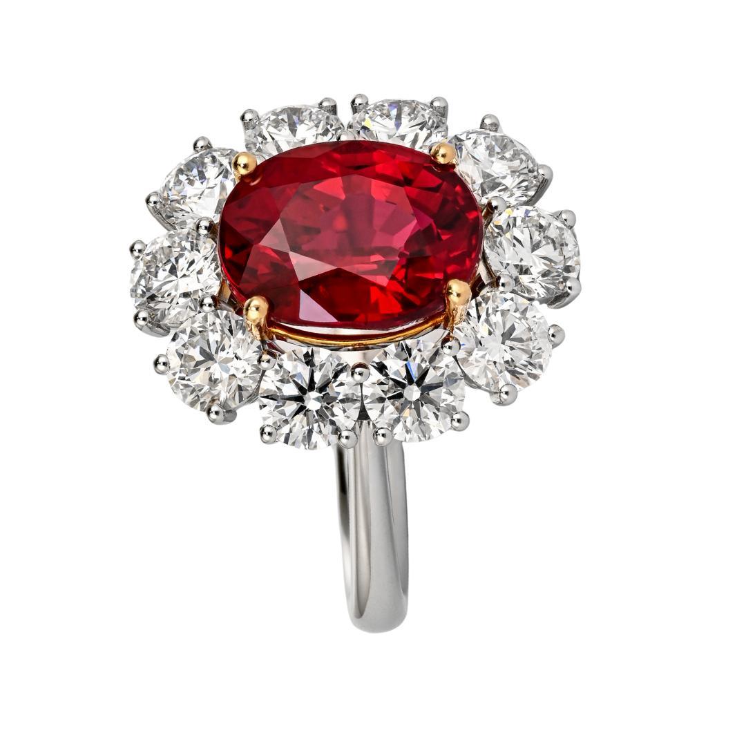 5.81 Carat Oval Cut Vivid Red Thai Siam Ruby & Diamond Halo 18K Ring For Sale 1