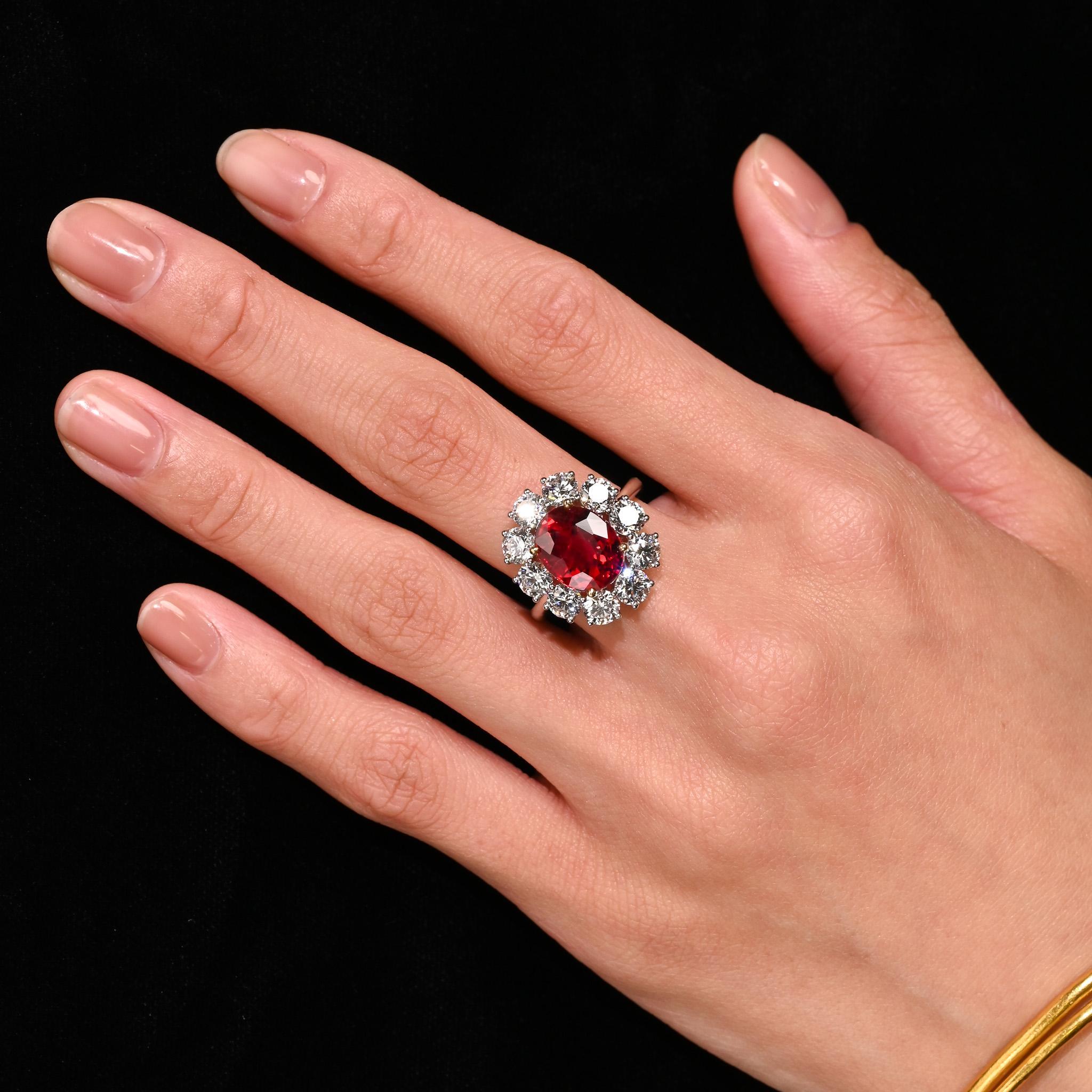5.81 Carat Oval Cut Vivid Red Thai Siam Ruby & Diamond Halo 18K Ring For Sale 2