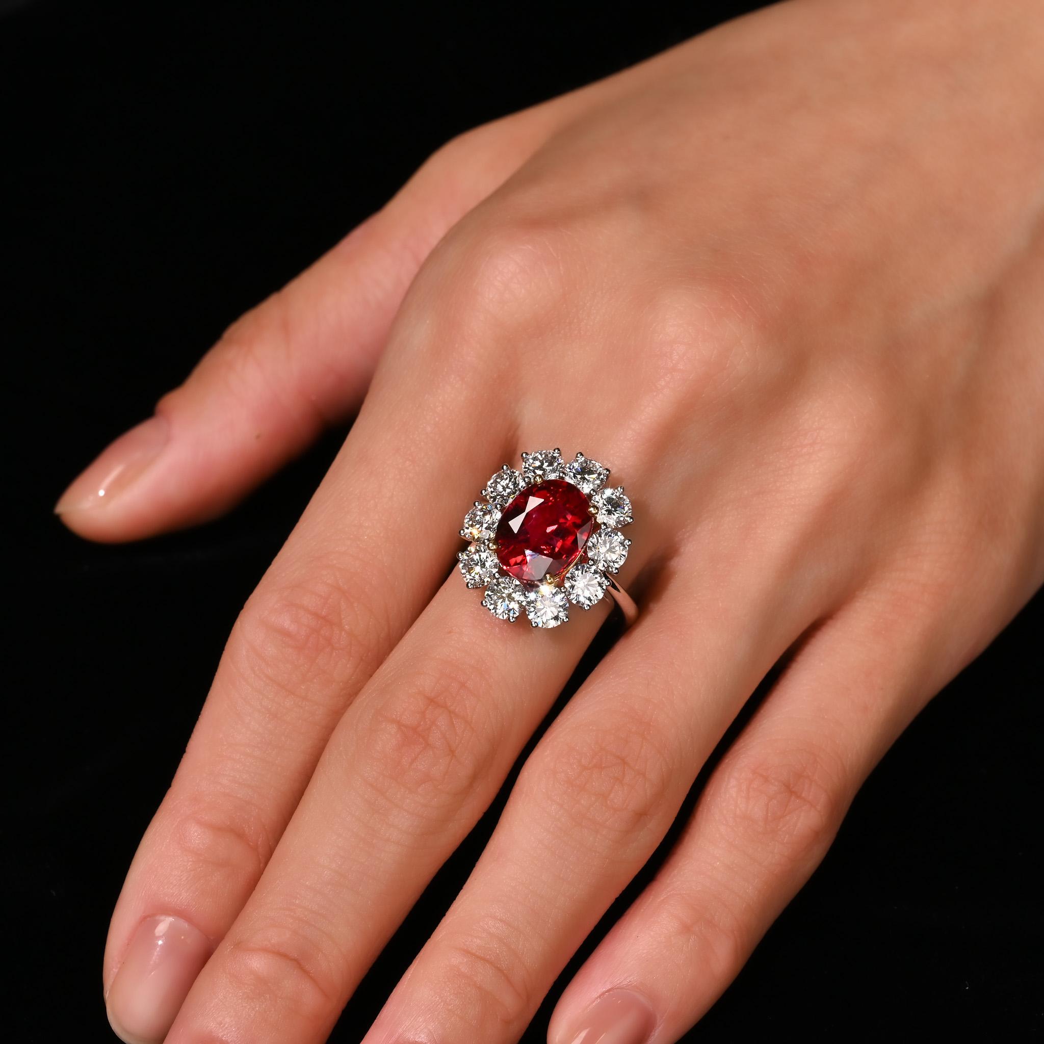 5.81 Carat Oval Cut Vivid Red Thai Siam Ruby & Diamond Halo 18K Ring For Sale 3