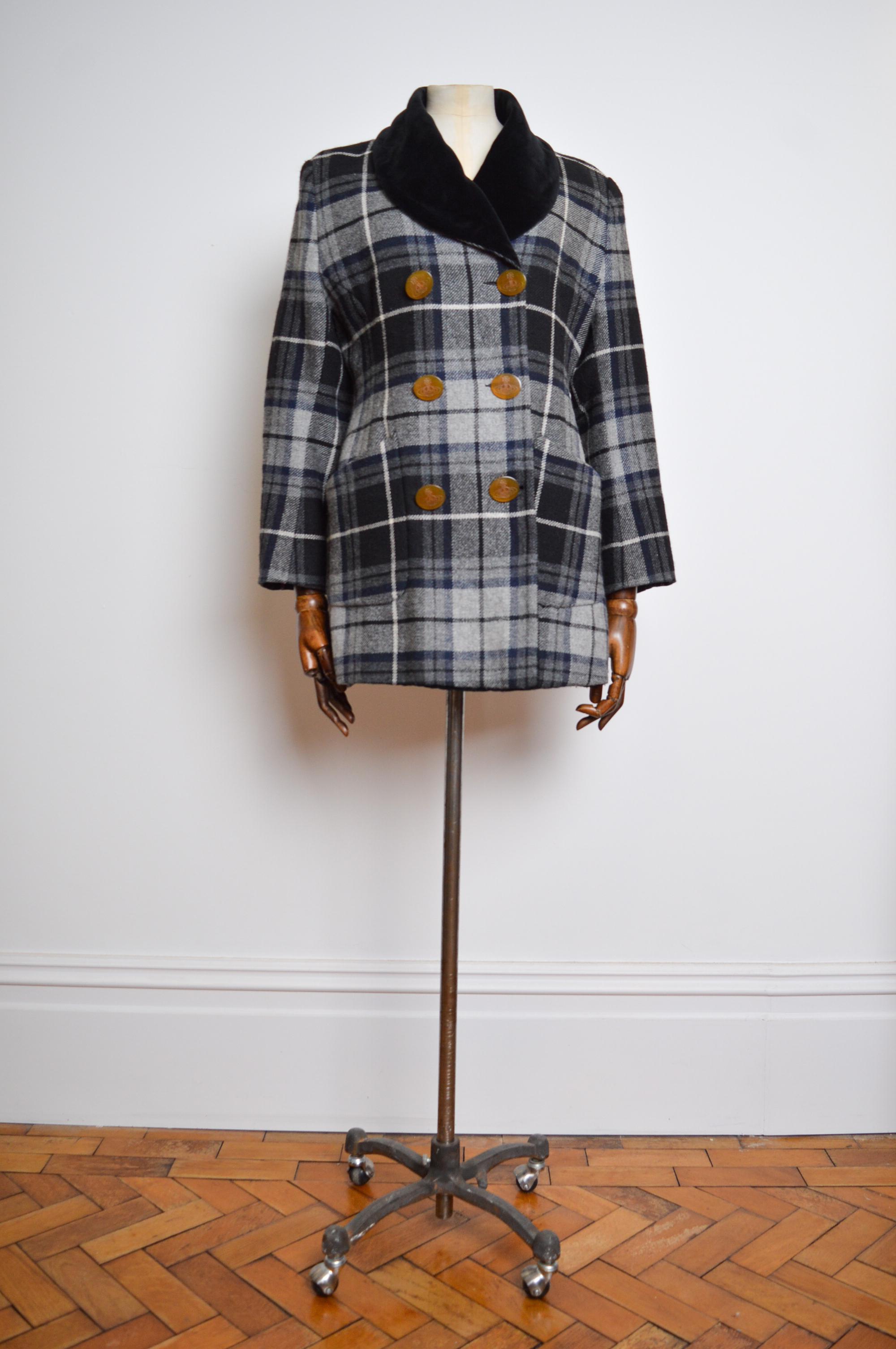 Superb, extremely Rare AW 1995/1996 Vintage  Double Breasted Tartan Coat by Vivienne Westwood for French Catalogue '3 Suisses'.

A Museum worthy exemplary of fashion 'Collaboration'.

Features;
Signature Amber Orb Buttons
Plush Velvet collar