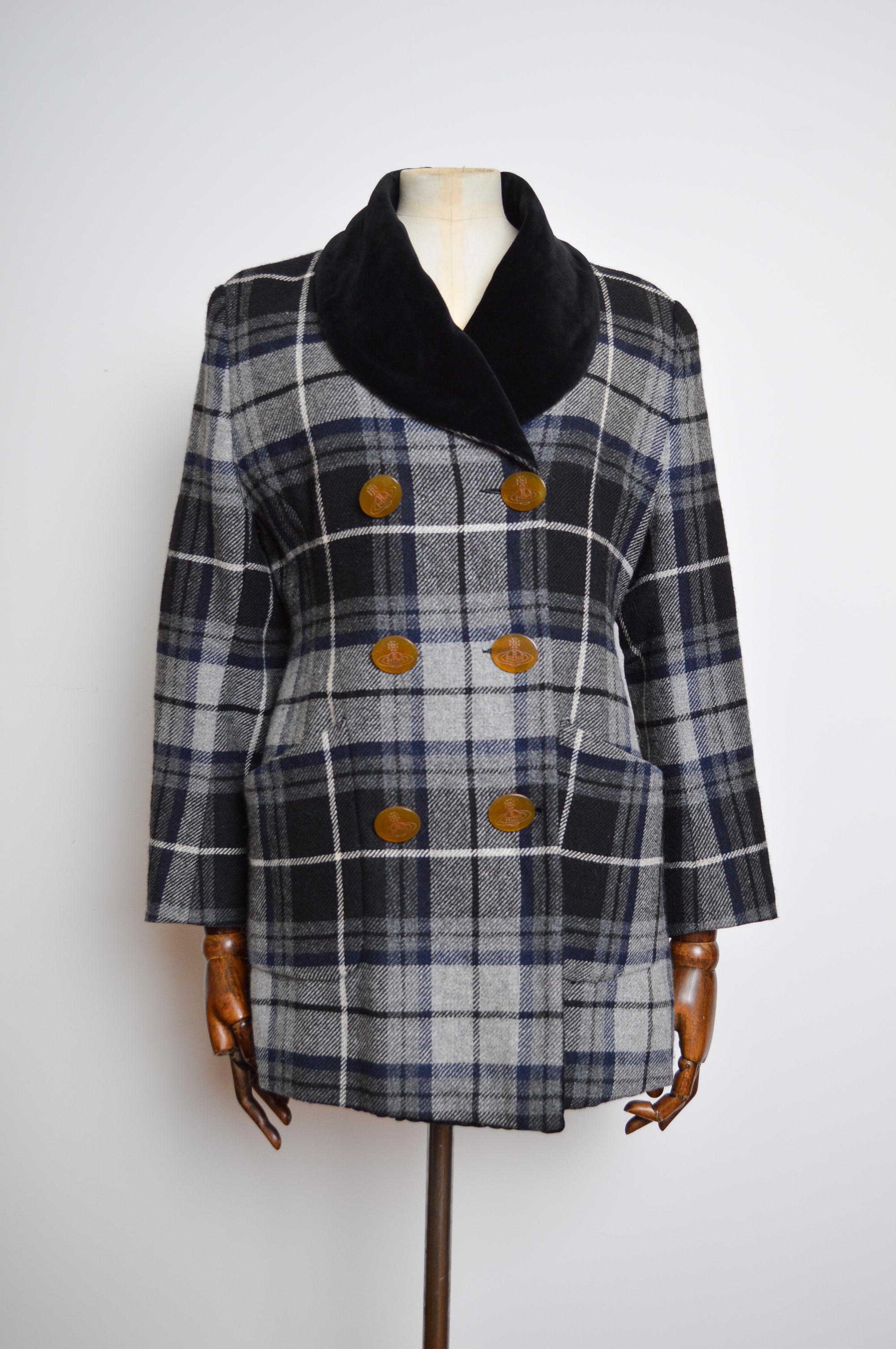 Rare Vivienne Westwood 3 Suisses AW 1995/ 1996 Collab Checked Tartan Wool Coat  In Good Condition For Sale In Sheffield, GB