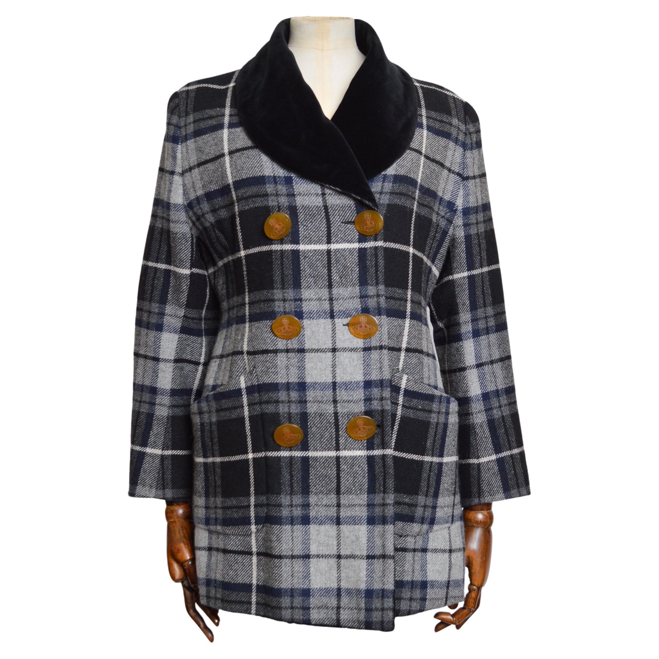 Rare Vivienne Westwood 3 Suisses AW 1995/ 1996 Collab Checked Tartan Wool Coat  For Sale