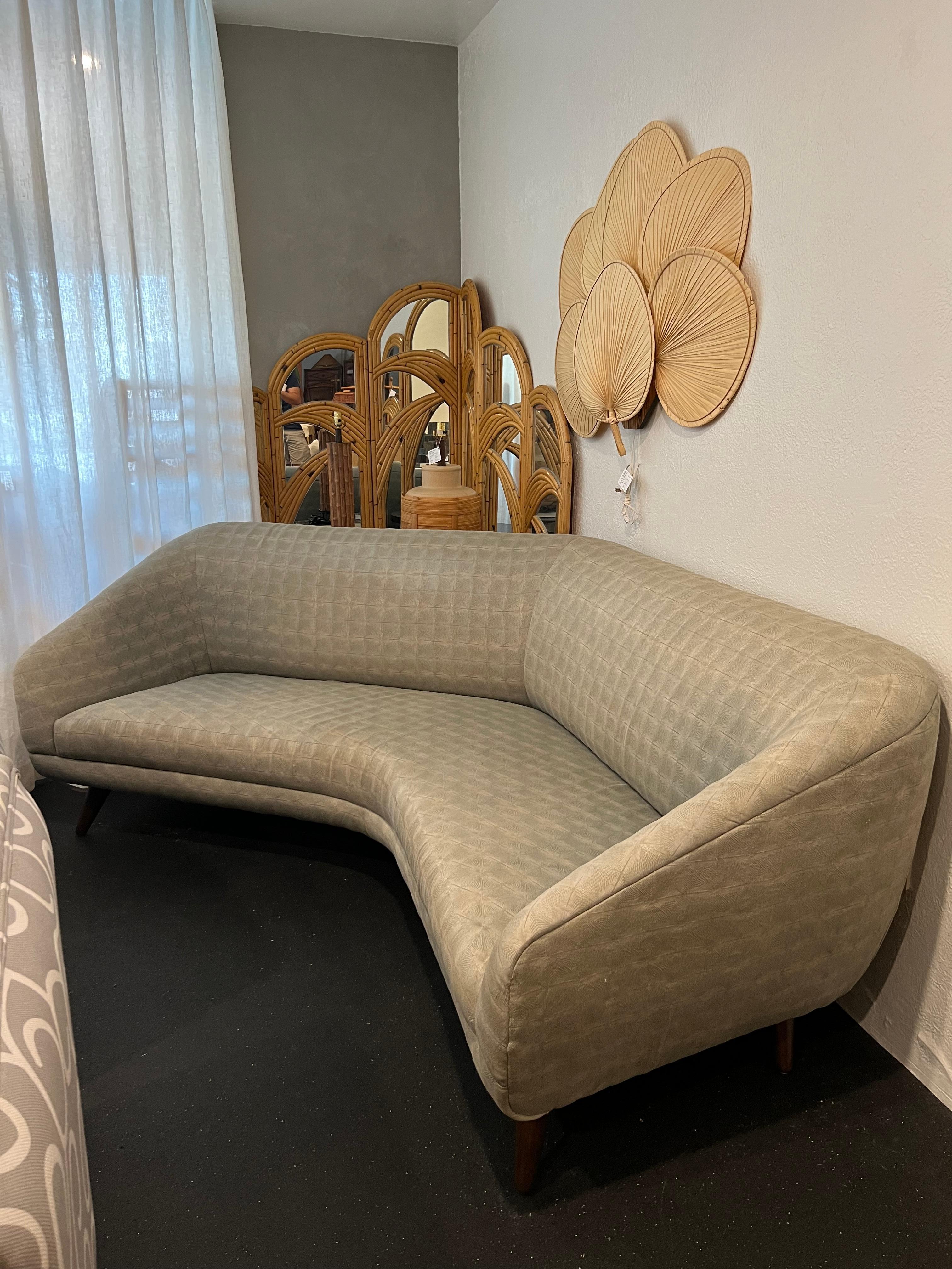 Rare Vladimir Kagan for Weiman/Preview angular sofa. Label intact and receipt from original purchase in hand. Fabric has been professionally cleaned however reupholstery is strongly recommended. Legs are finished in a dark walnut. Additional photos