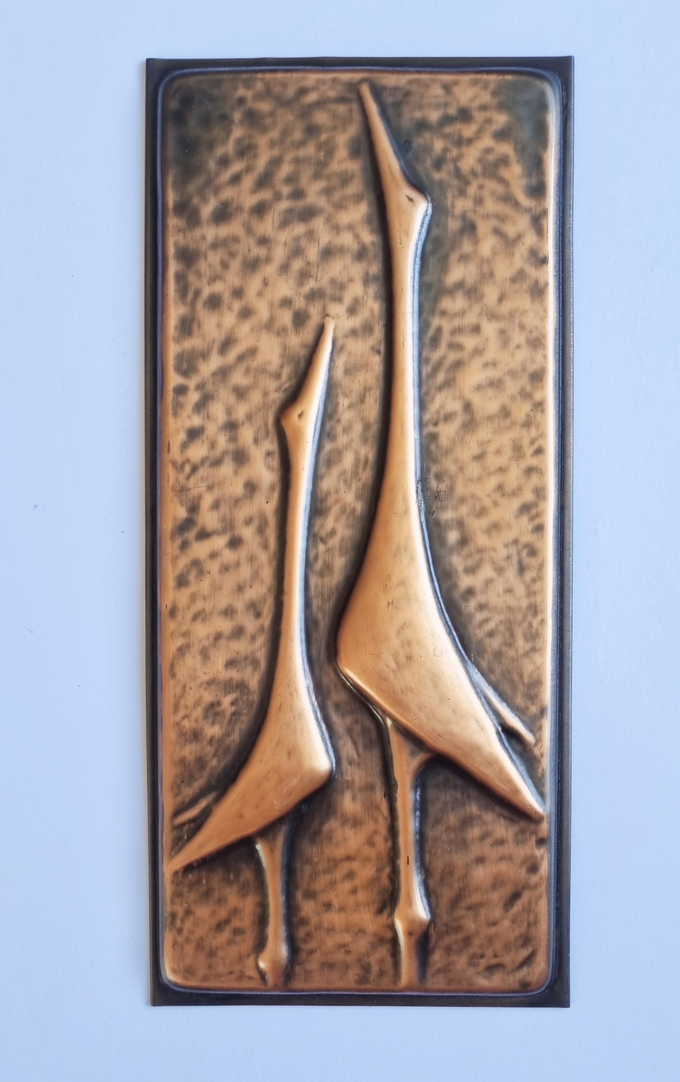 Late 20th Century Rare Wall Brass Relief Sculpture of Herons, 1970s For Sale