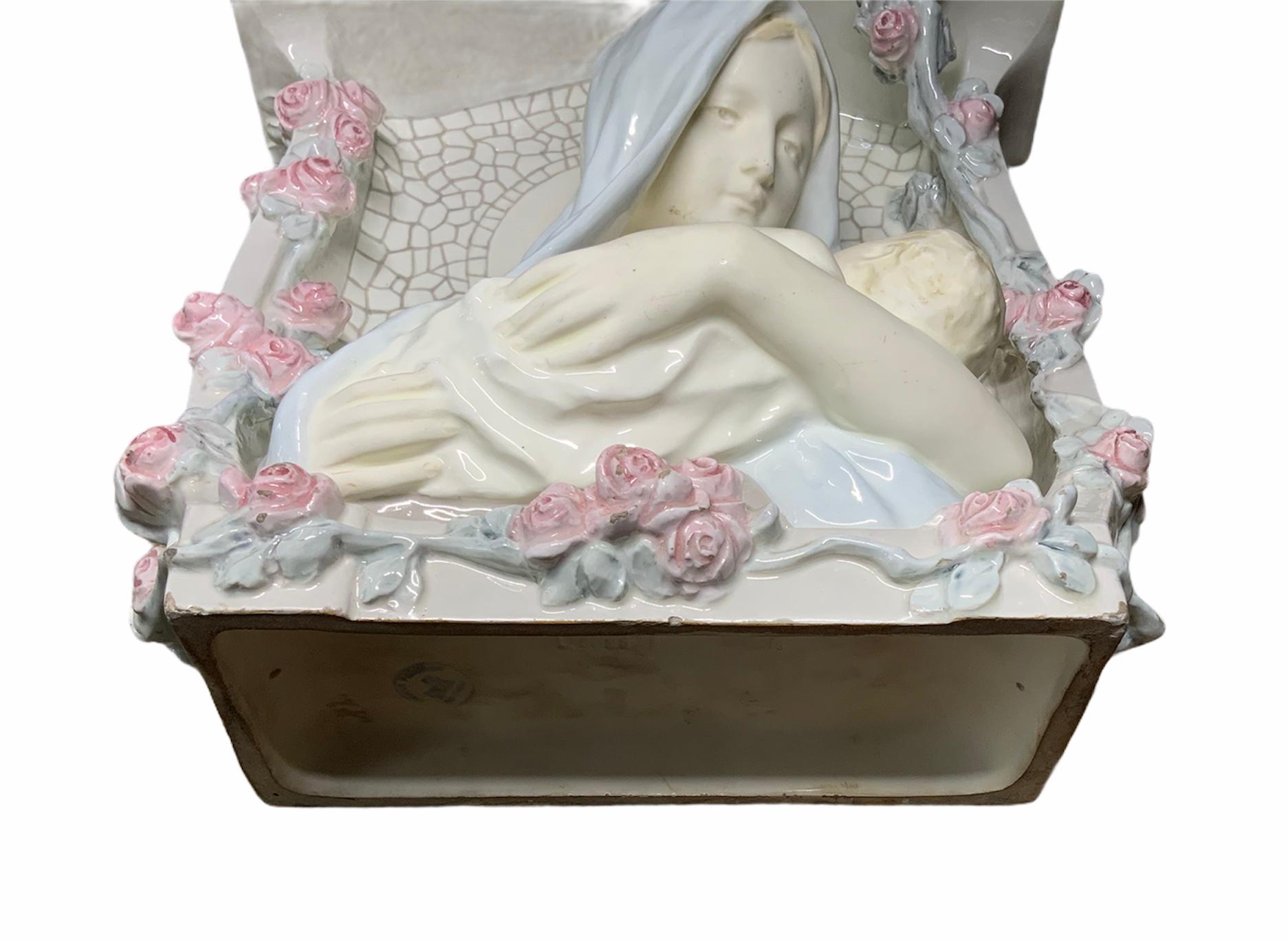 Hand-Painted Rare Wall Religious Porcelain Niche of Virgin Mary Bust and Baby Jesus