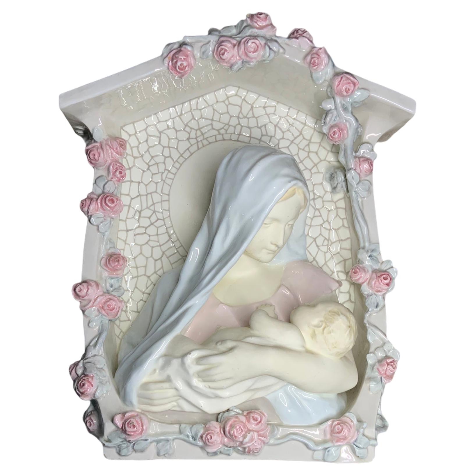 Rare Wall Religious Porcelain Niche of Virgin Mary Bust and Baby Jesus