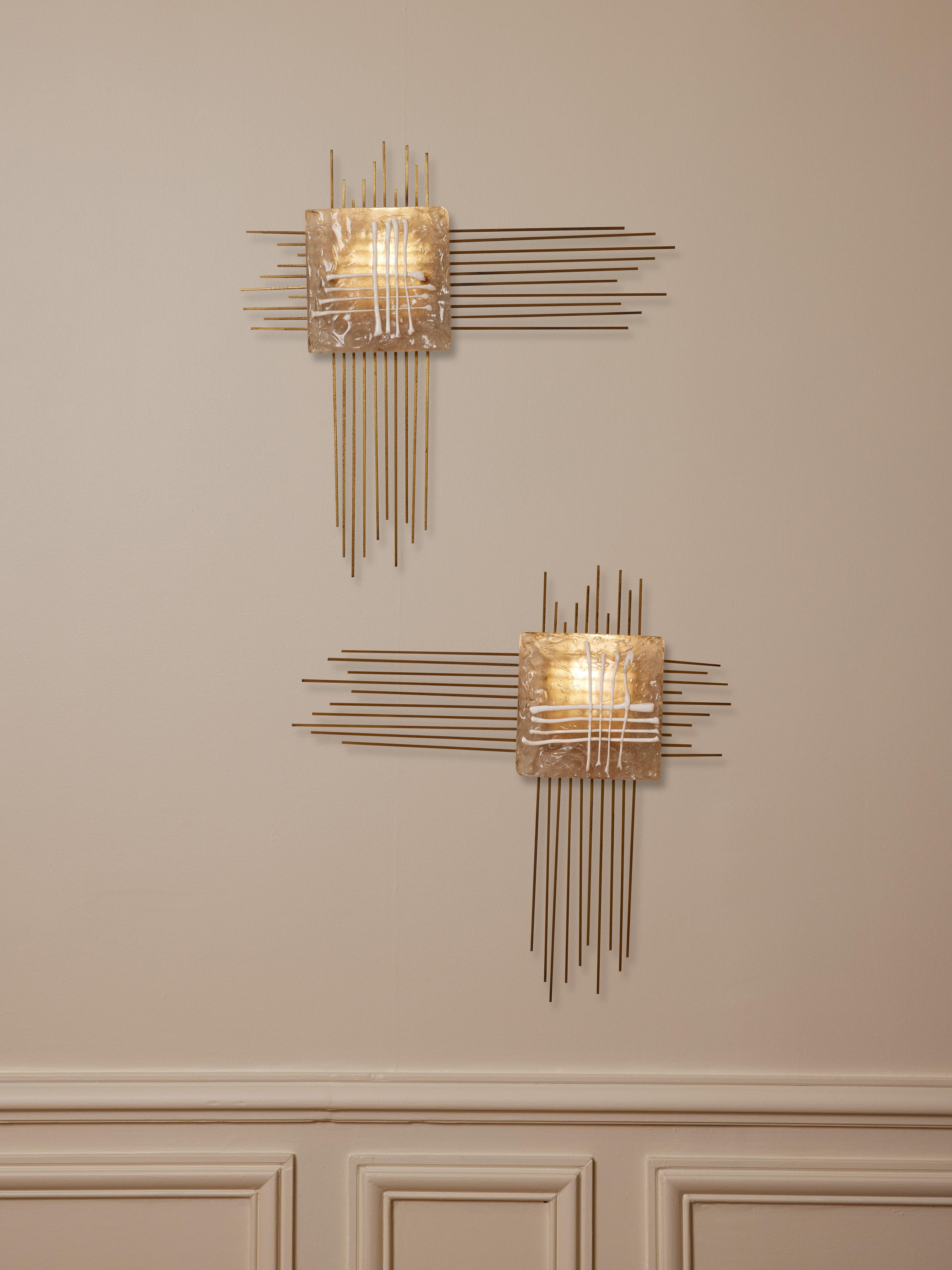 Rare vintage wall lights in brass and Murano glass by Angelo Brotto for Esperia.
Italy, 1960.