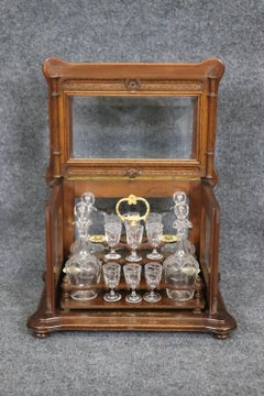 Rare Walnut Case French Etched Glass 18-piece decanter and Cordial Tantalus Set