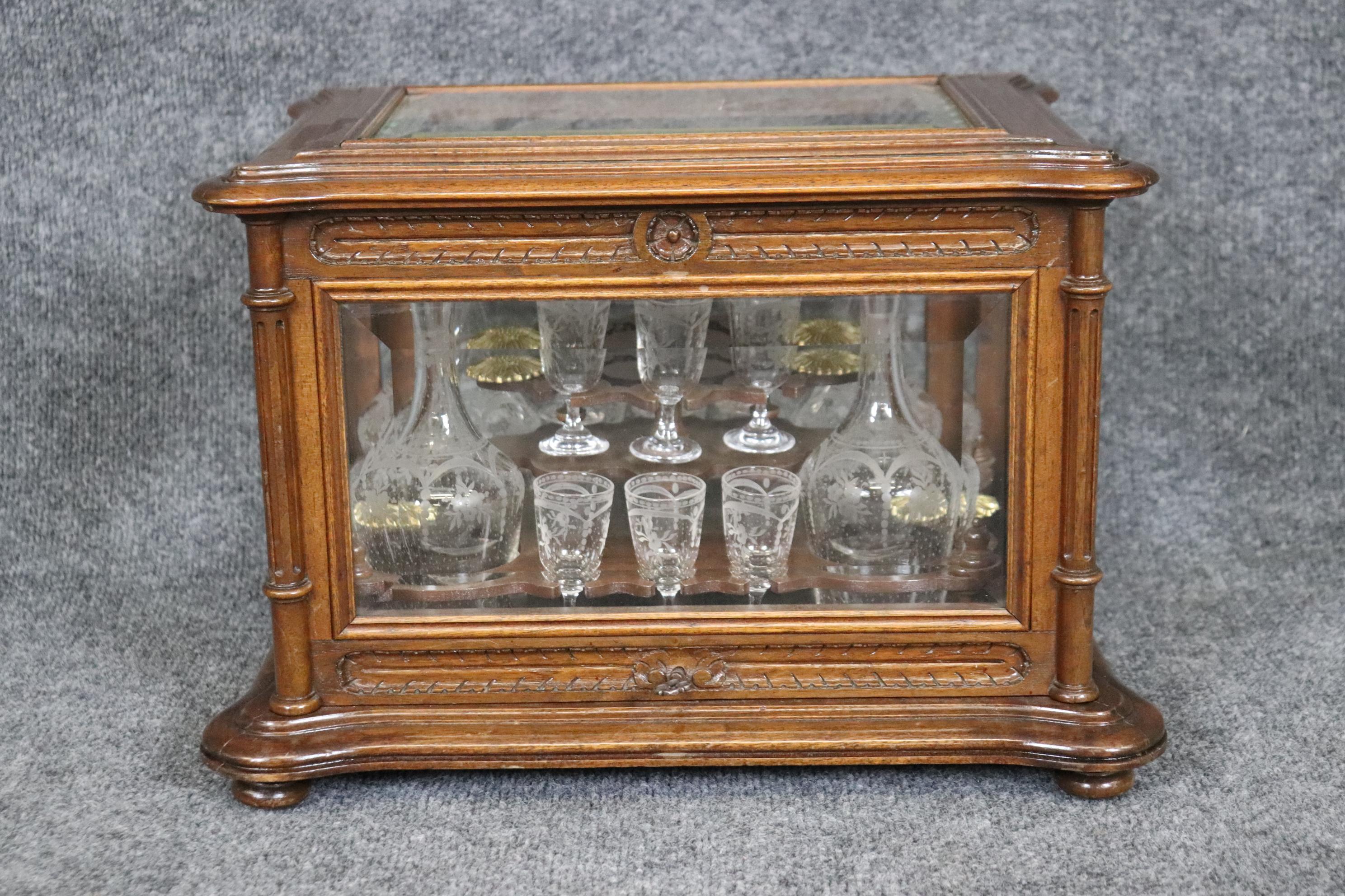 High Victorian Rare Walnut Case French Etched Glass 18-piece decanter and Cordial Tantalus Set For Sale