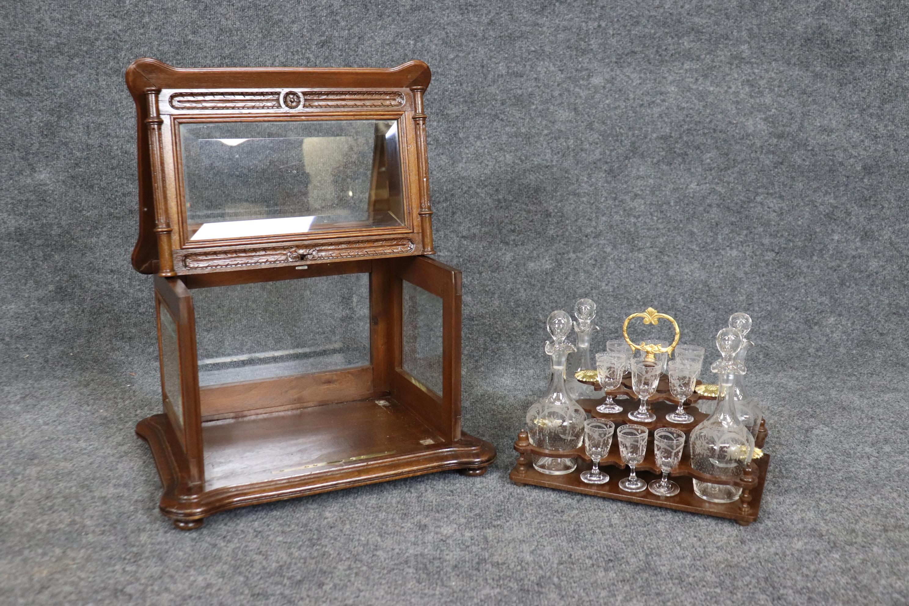 Brass Rare Walnut Case French Etched Glass 18-piece decanter and Cordial Tantalus Set For Sale