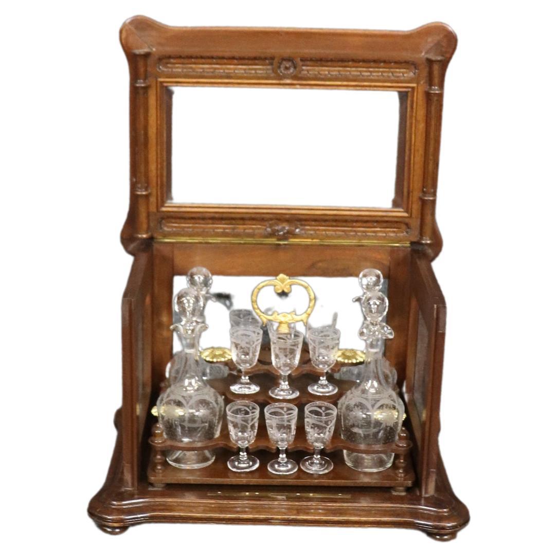 Rare Walnut Case French Etched Glass 18-piece decanter and Cordial Tantalus Set For Sale