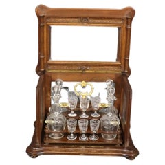 Antique Rare Walnut Case French Etched Glass 18-piece decanter and Cordial Tantalus Set