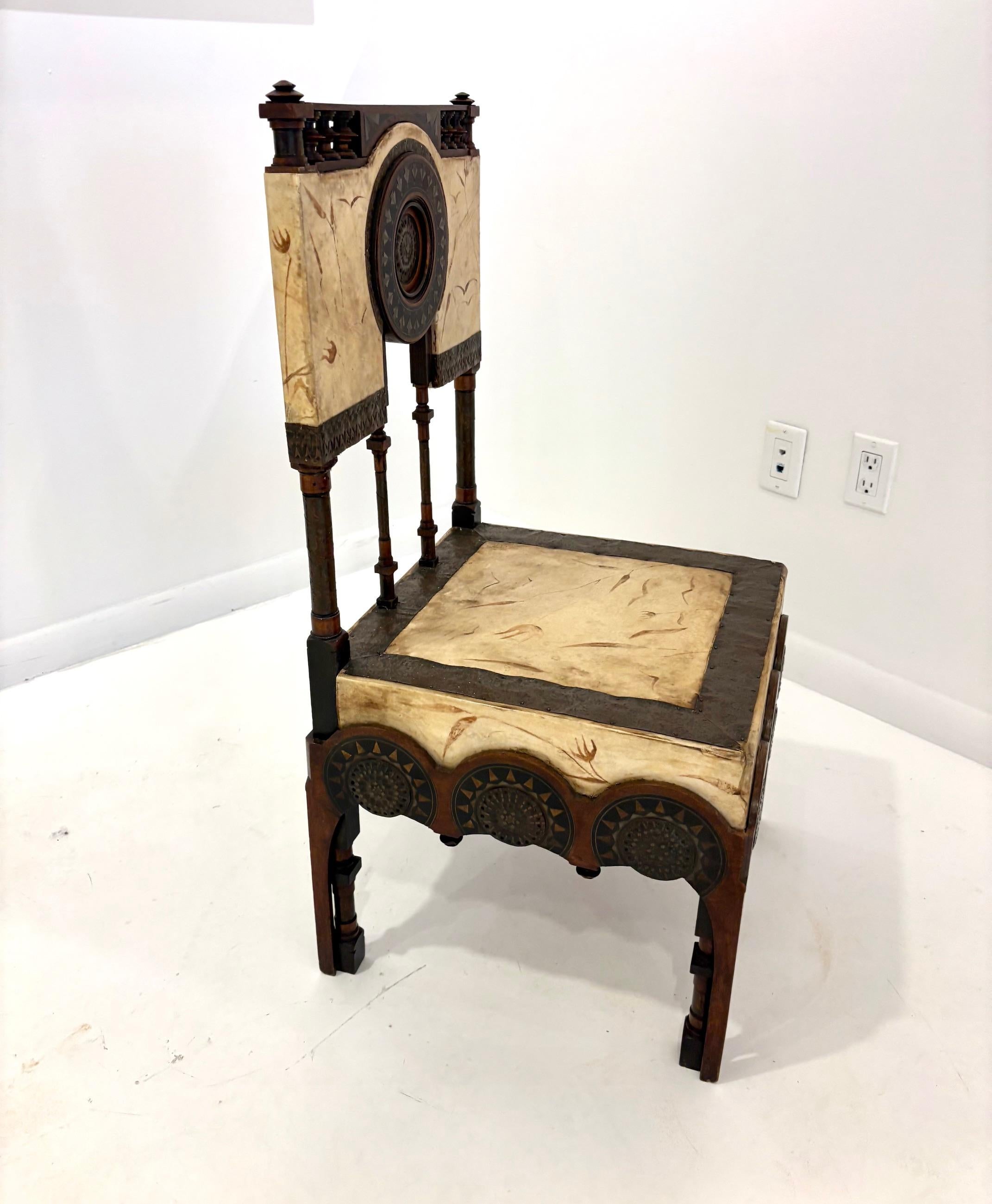 Rara sedia laterale in noce, rame e pergamena di Carlo Bugatti. in vendita 8