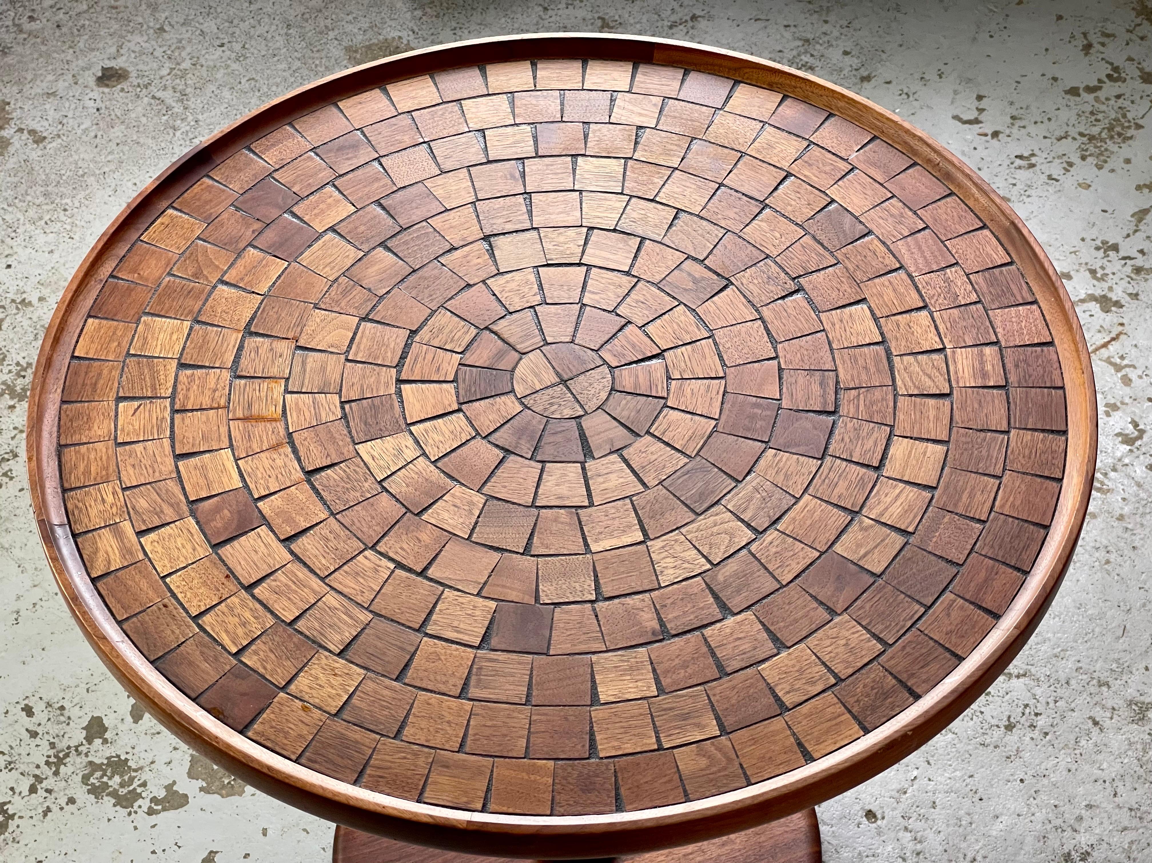 Rare Walnut Mosaic Pedestal Tulip Top Table by Jane & Gordon Martz In Good Condition In Framingham, MA