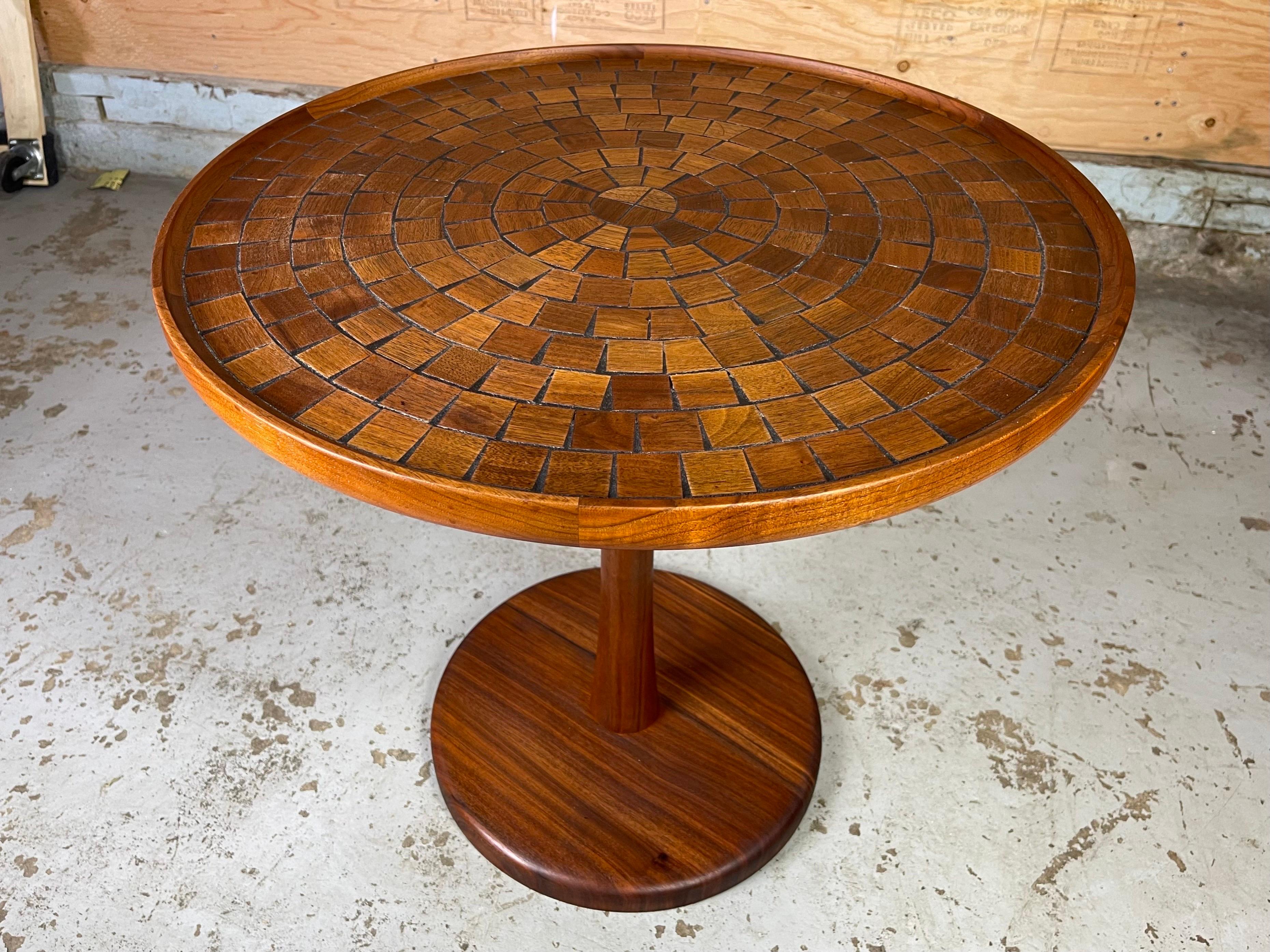 Rare Walnut Mosaic Pedestal Tulip Top Table by Jane & Gordon Martz 1