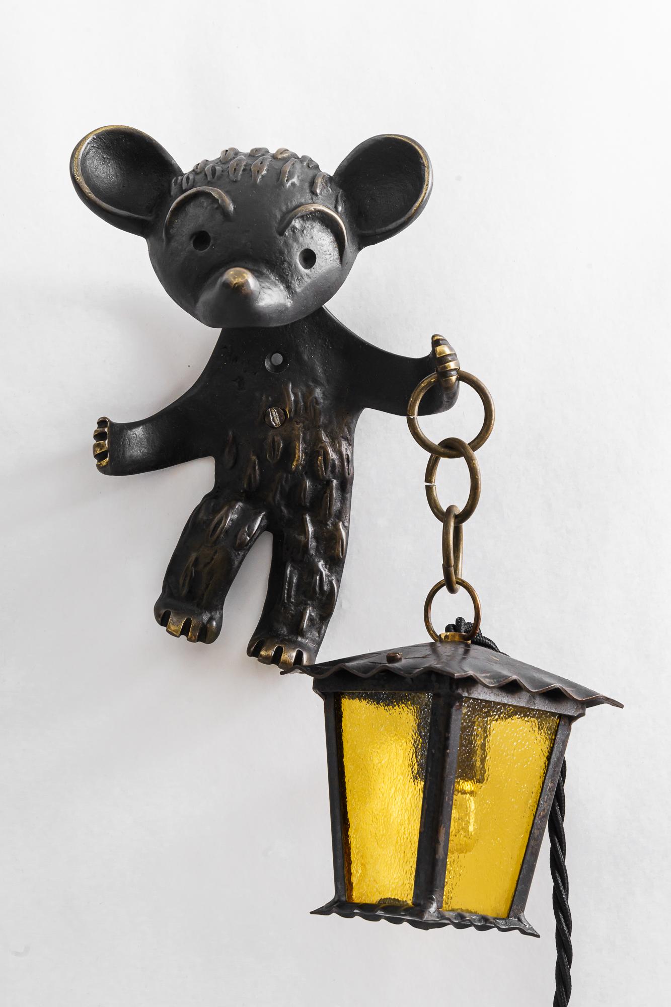 Mid-Century Modern Rare walter bosse for hertha baller bear wall lamp holding a lantern vienna 1950