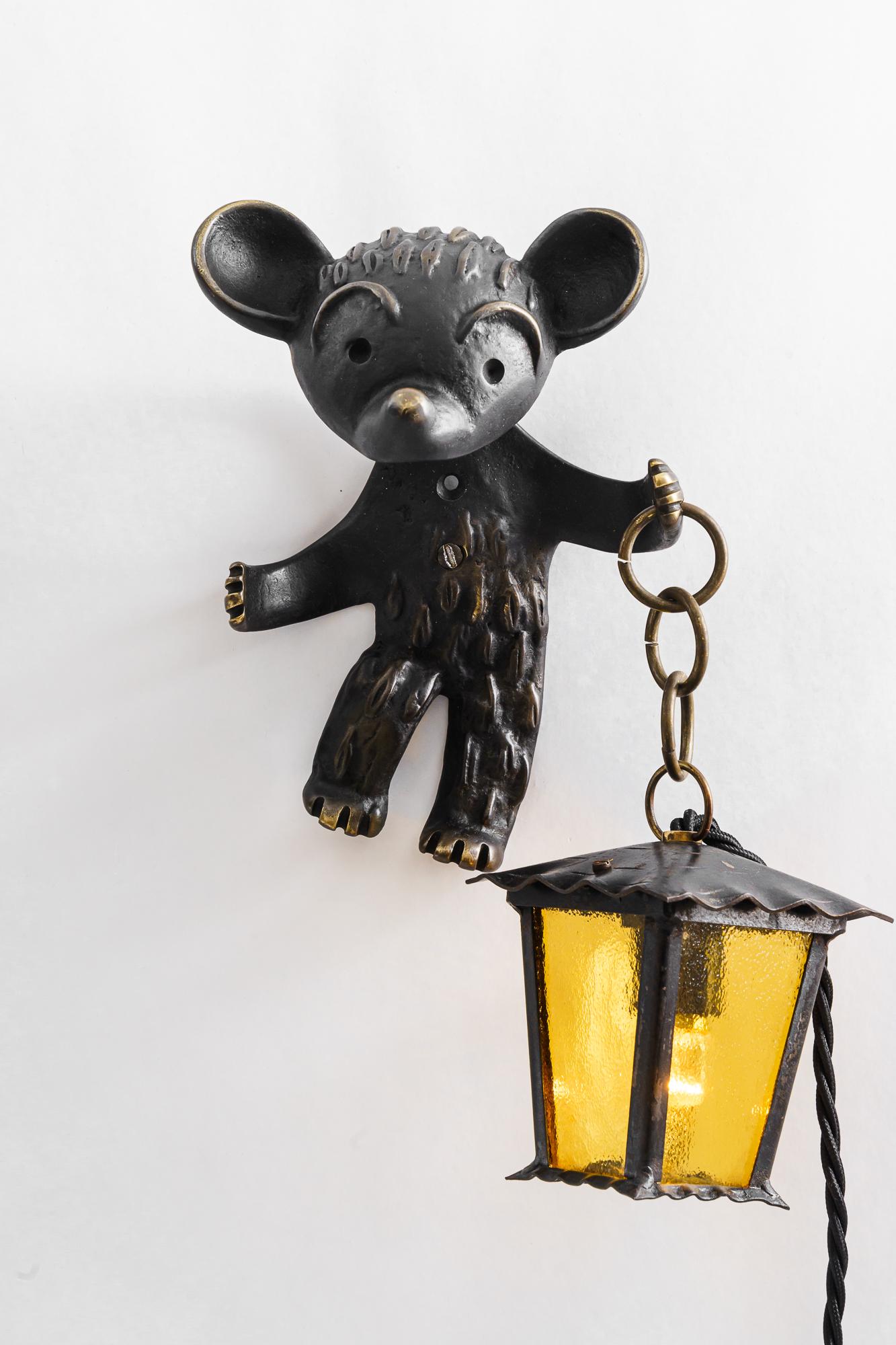Austrian Rare walter bosse for hertha baller bear wall lamp holding a lantern vienna 1950