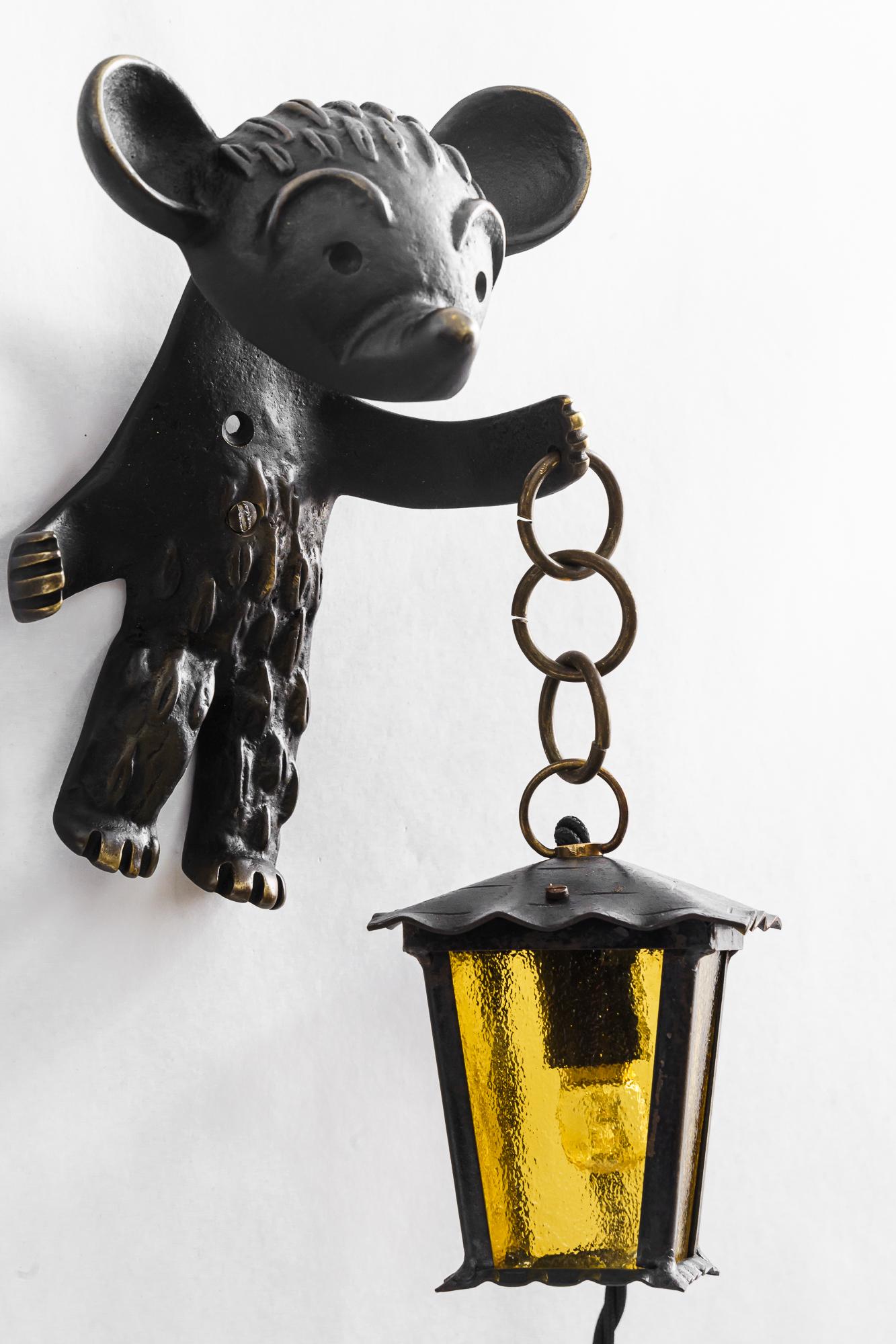Blackened Rare walter bosse for hertha baller bear wall lamp holding a lantern vienna 1950