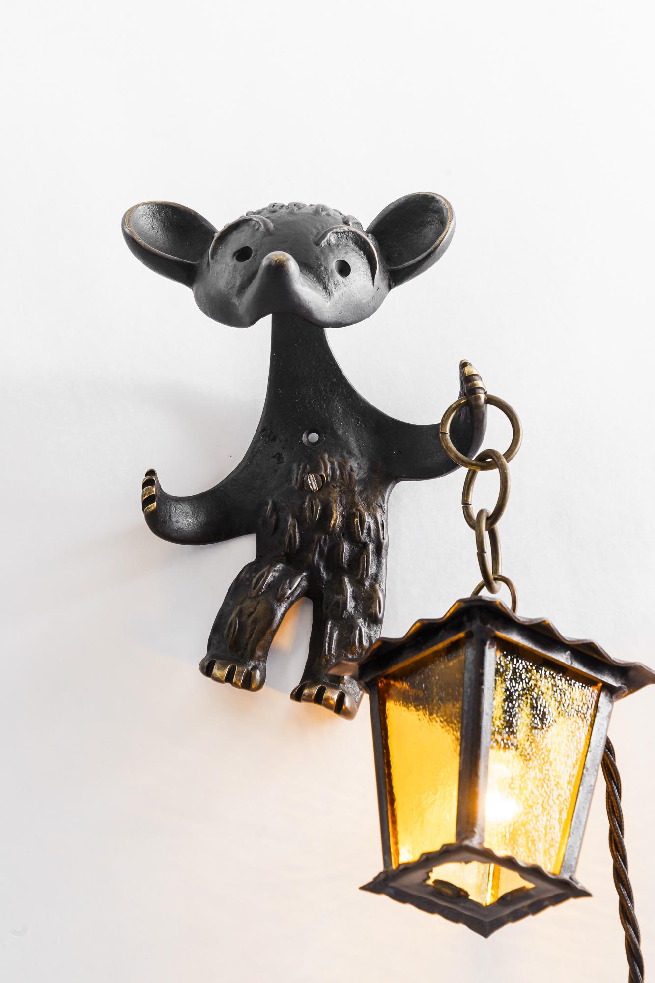 Brass Rare walter bosse for hertha baller bear wall lamp holding a lantern vienna 1950