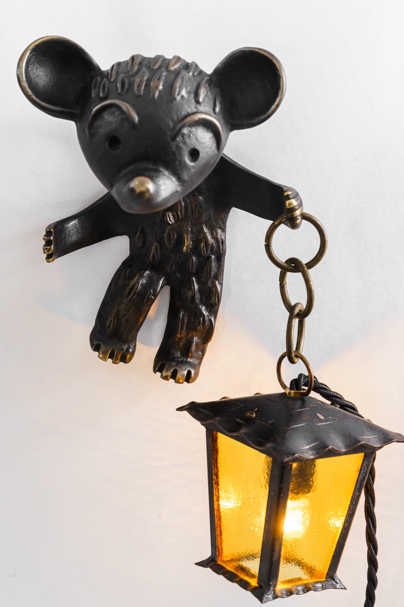 Rare walter bosse for hertha baller bear wall lamp holding a lantern vienna 1950 1