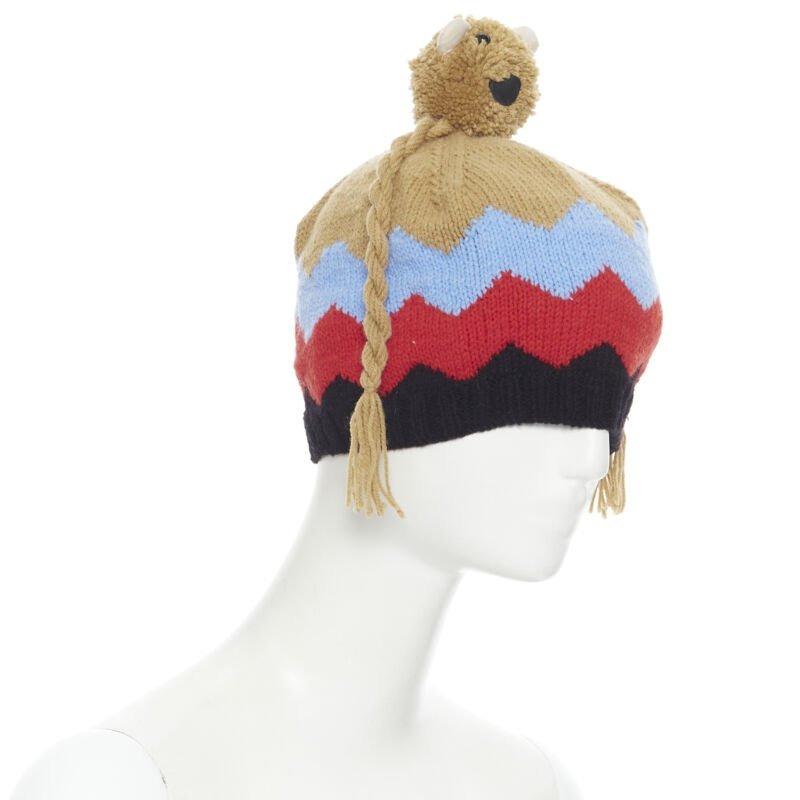 rare WALTER VAN BEIRONDONCK brown blue red chevron teddy bear beanie hat In Excellent Condition In Hong Kong, NT