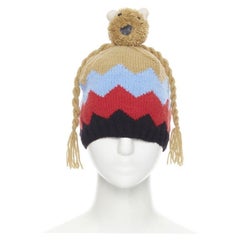 rare WALTER VAN BEIRONDONCK brown blue red chevron teddy bear beanie hat