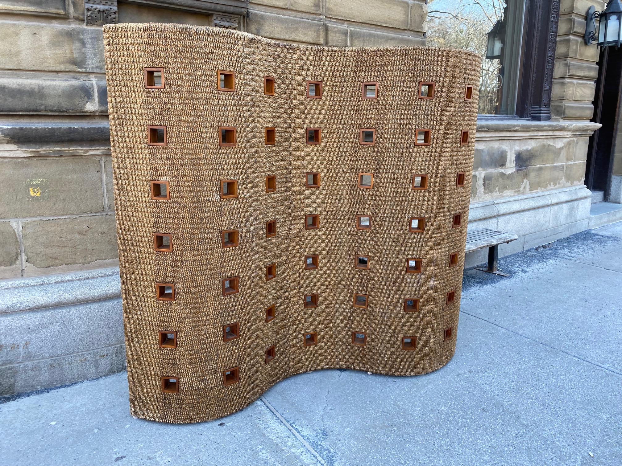 French Great Sea Grass and Teak Screen /Room Divider For Sale