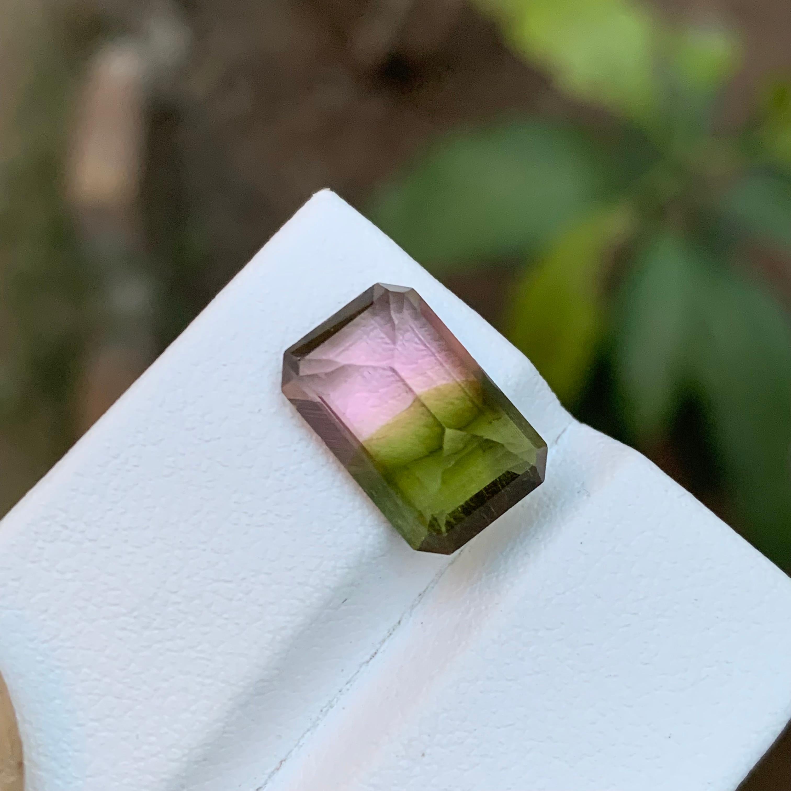 Women's or Men's Rare Watermelon Bicolor Green-Pink Tourmaline Gemstone, 5.05 Ct Emerald Cut-Ring For Sale