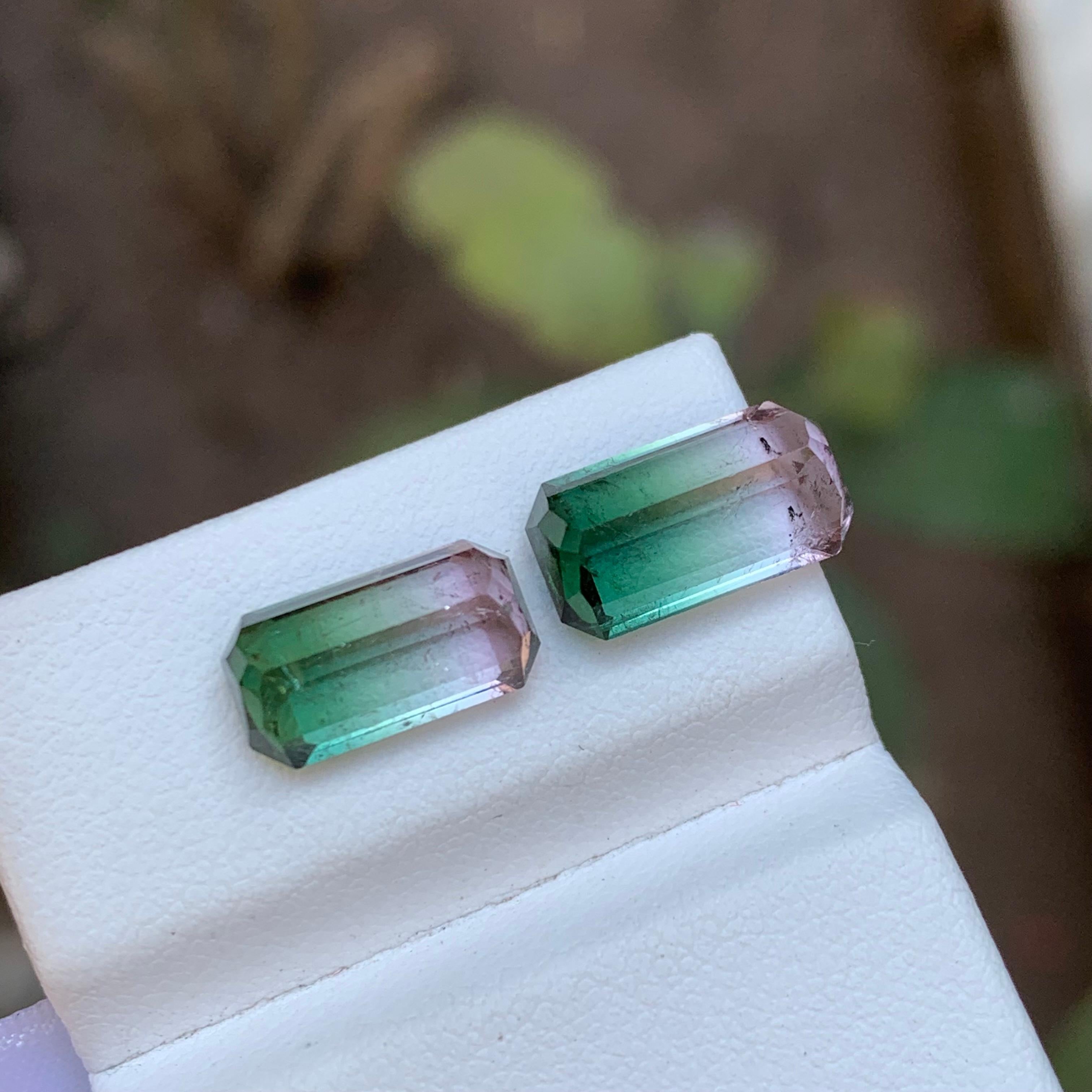 Emerald Cut Rare Watermelon Bicolor Natural Tourmaline Loose Gemstones 7.25 Ct for Earrings  For Sale