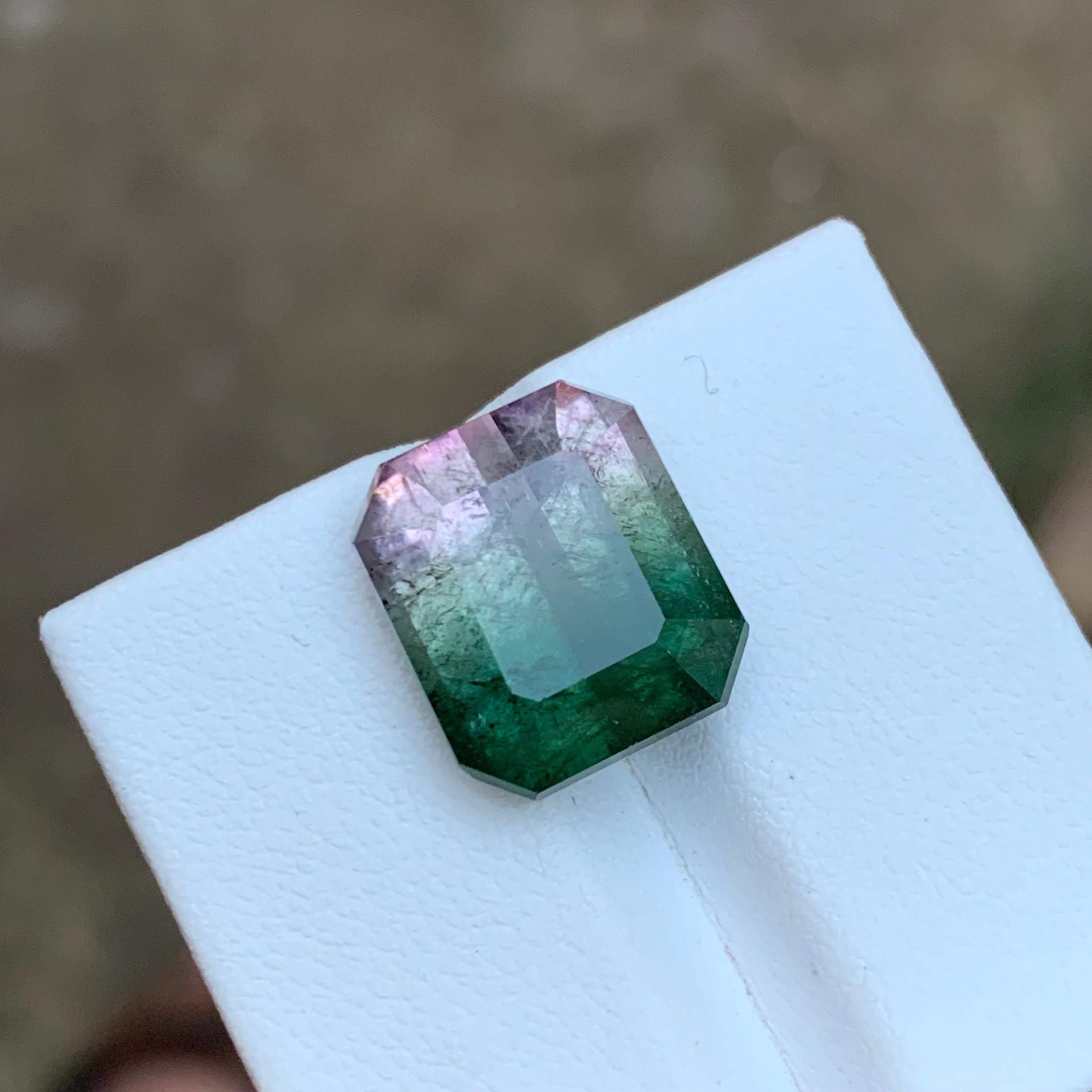 GEMSTONE TYPE: Tourmaline
PIECE(S): 1
WEIGHT: 11.90 Carat
SHAPE: Emerald
SIZE (MM): 14.08 x 12.05 x 8.10
COLOR: Watermelon Bicolor Bluish Green & Pink
CLARITY: Slightly Included-II
TREATMENT: Heated
ORIGIN: Afghanistan
CERTIFICATE: On