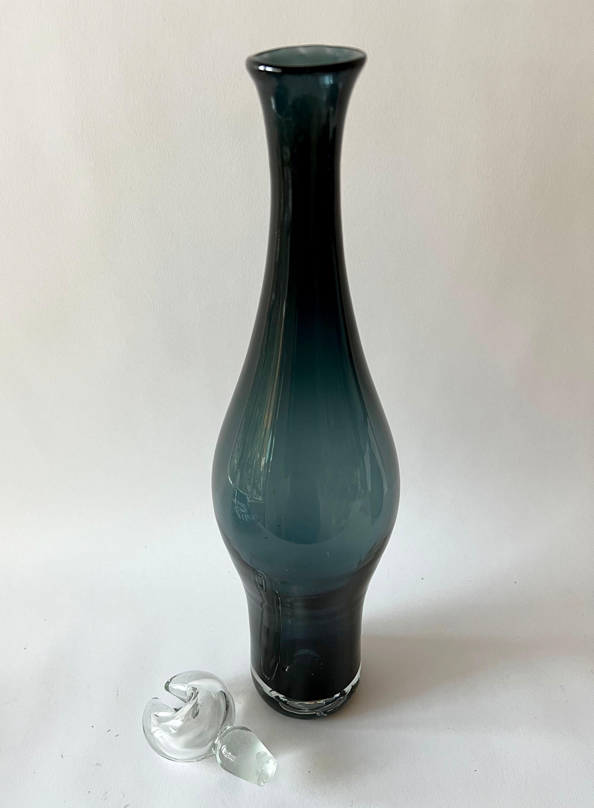 Mid-Century Modern Rare Wayne Husted for Blenko Charcoal Glass Bottle Decanter with Cut Stopper