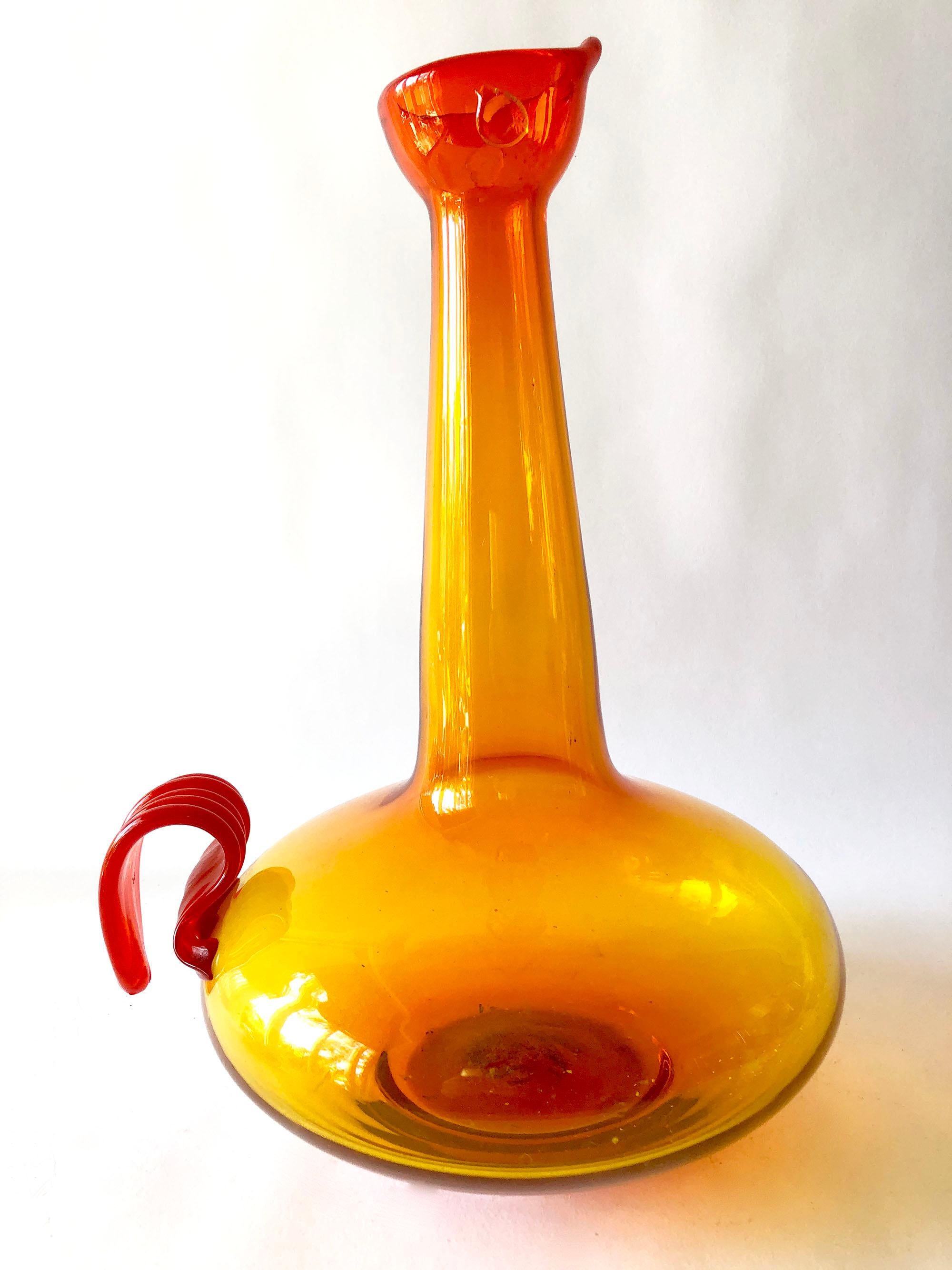 Wayne Husted for Blenko 5410 tangerine bird vase designed in 1954. Decanter measures 18.5