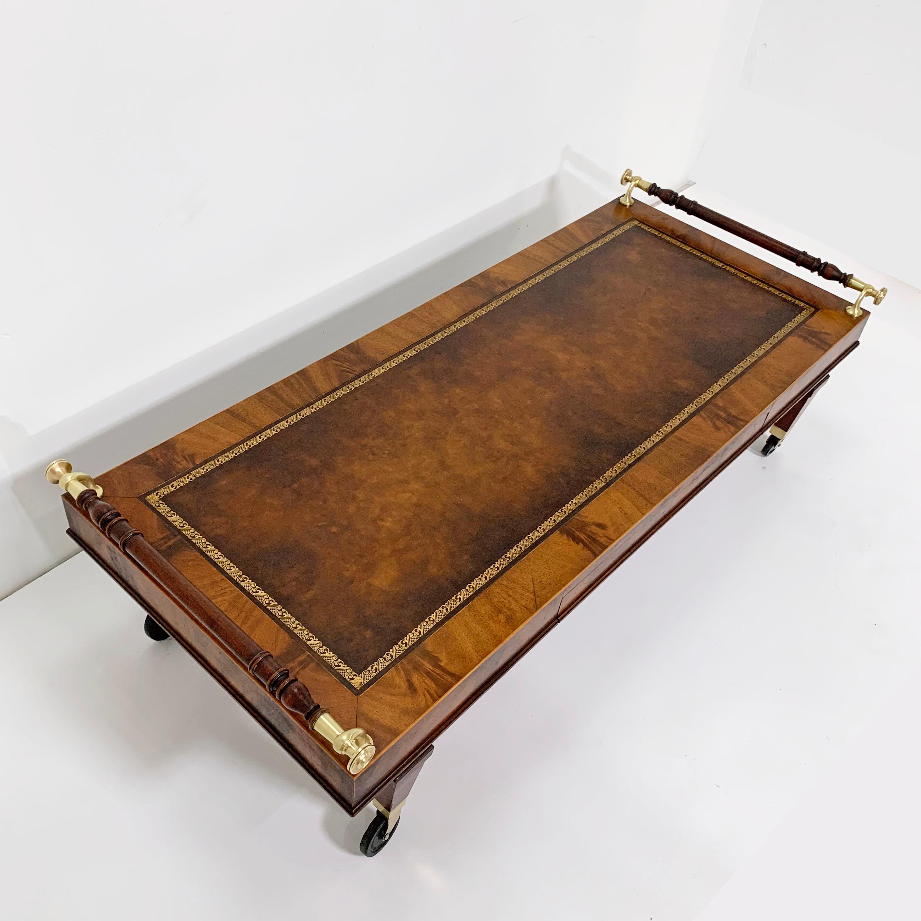 American Rare Weiman Regency Style Coffee Table with Leather Top and Brass Rails