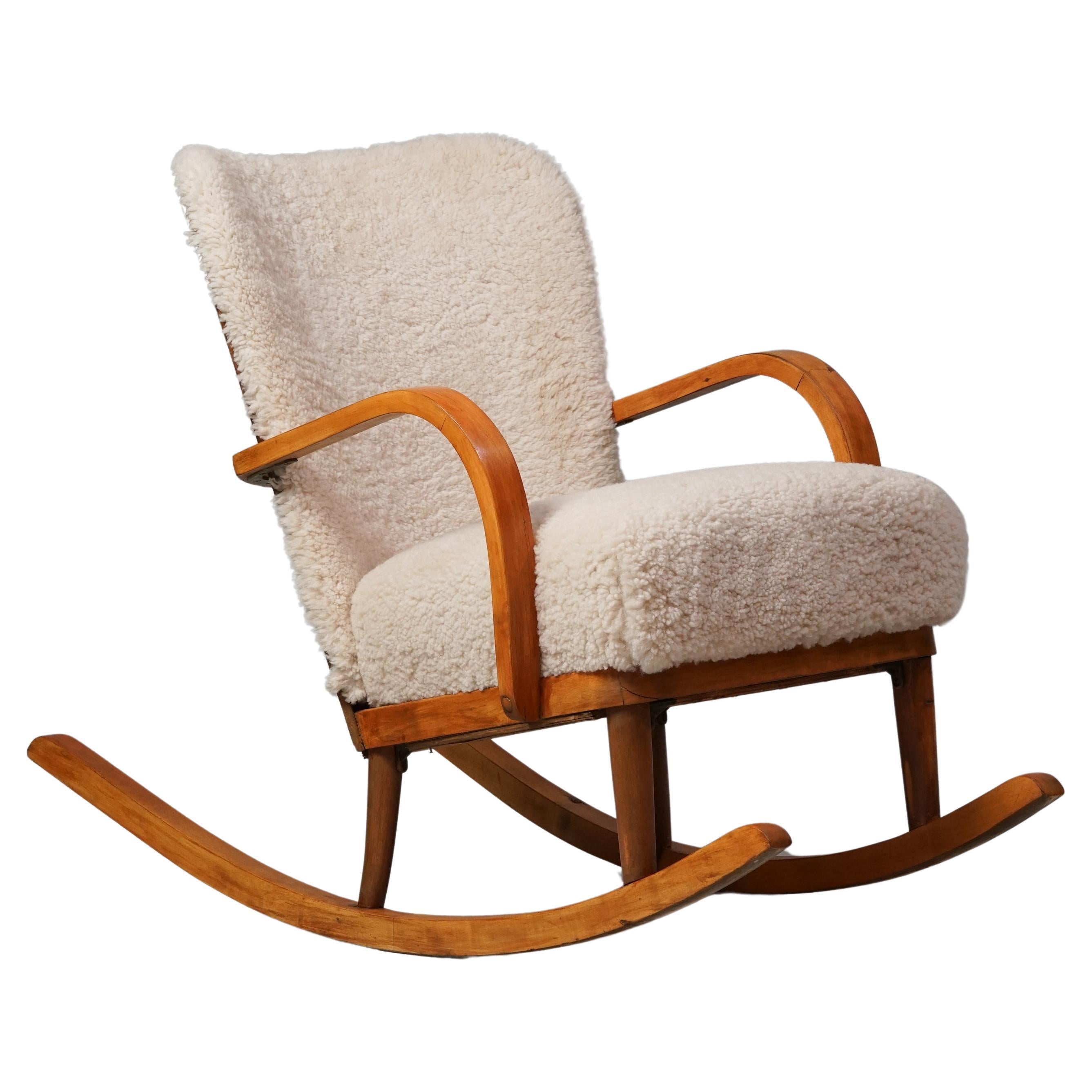 Rare chaise à bascule Werner West en peau de mouton, années 1930/1940 